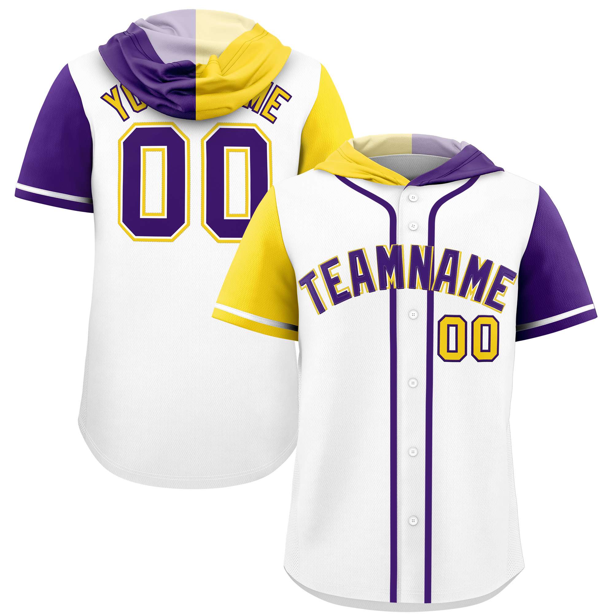 Custom White Gold and Purple Split Fashion Raglan Sleeves Authentic Baseball Hoodie Jersey