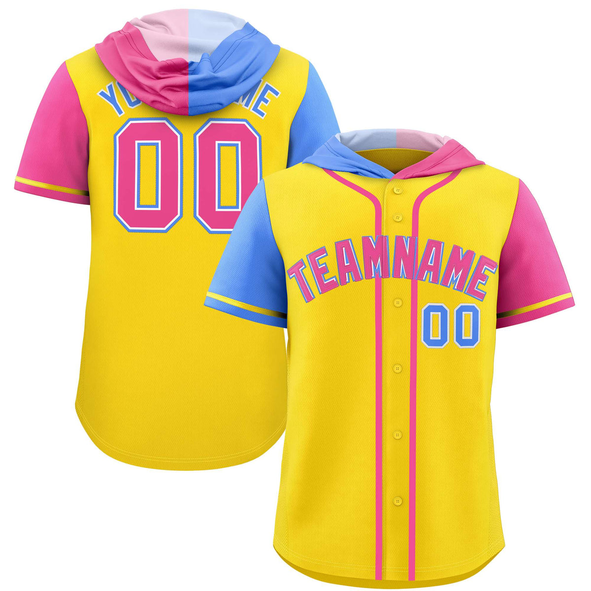 Custom Gold Powder Blue and Pink Split Fashion Raglan Sleeves Authentic Baseball Hoodie Jersey
