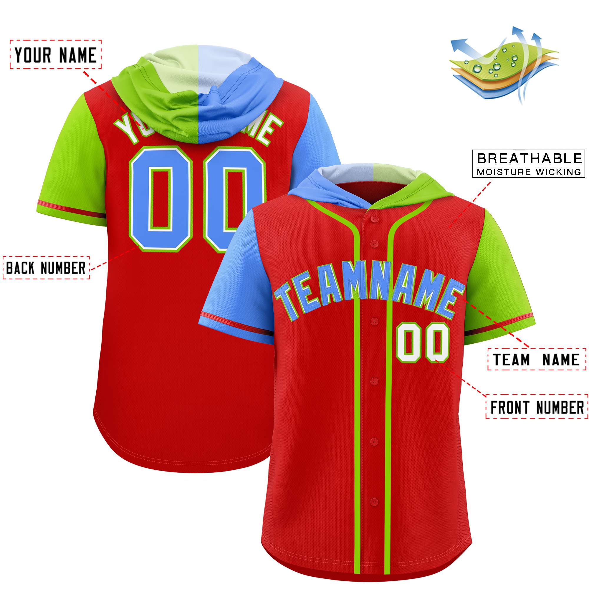 Custom Red Powder Blue and Neon Green Split Fashion Raglan Sleeves Authentic Baseball Hoodie Jersey