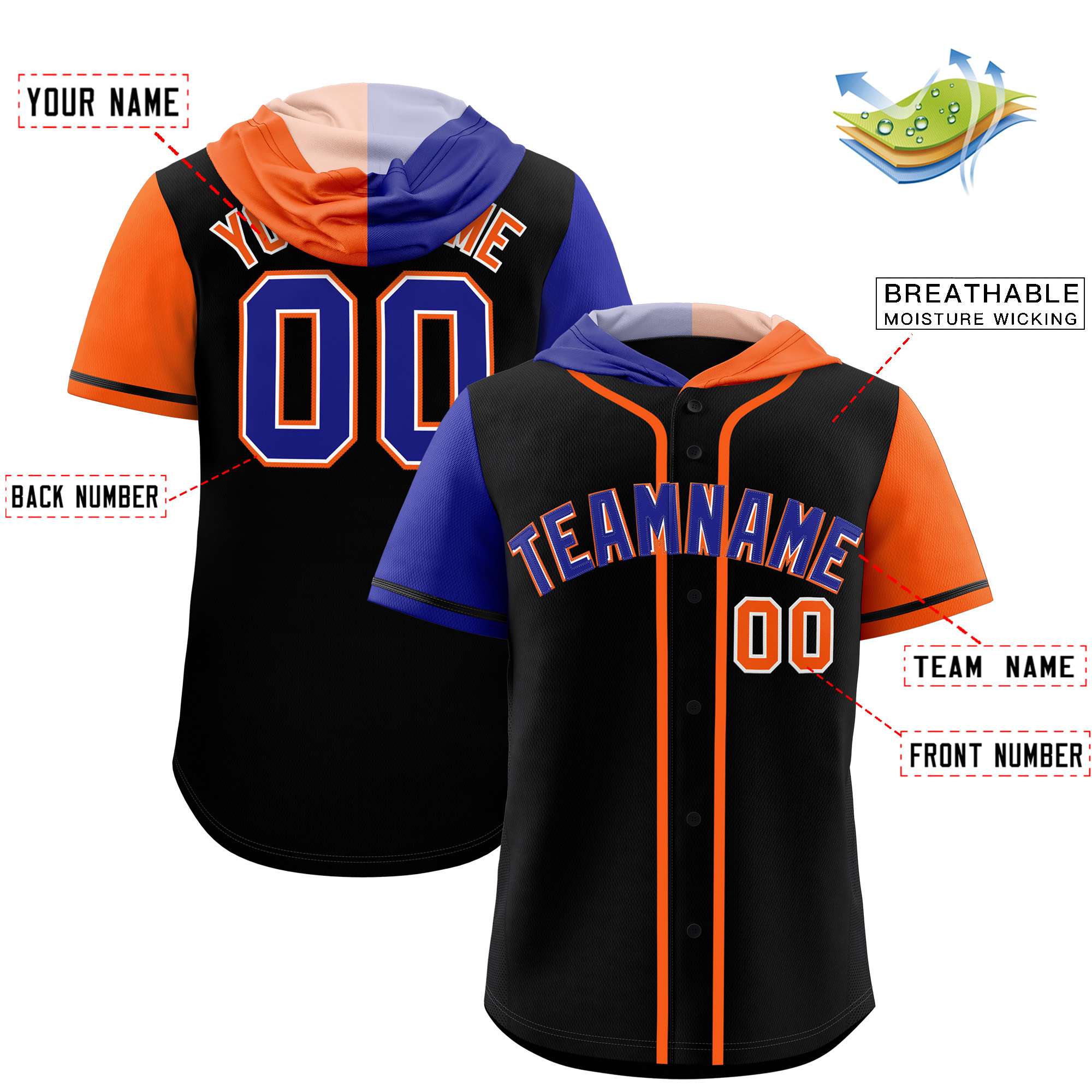 Custom Black Royal and Orange Split Fashion Raglan Sleeves Authentic Baseball Hoodie Jersey