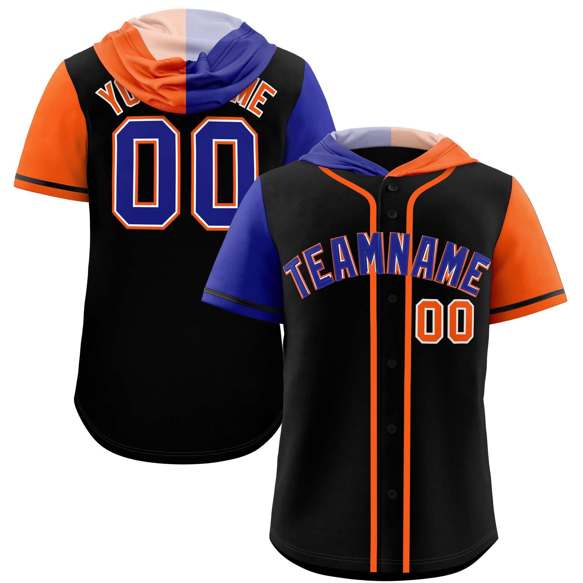 Custom Black Royal and Orange Split Fashion Raglan Sleeves Authentic Baseball Hoodie Jersey