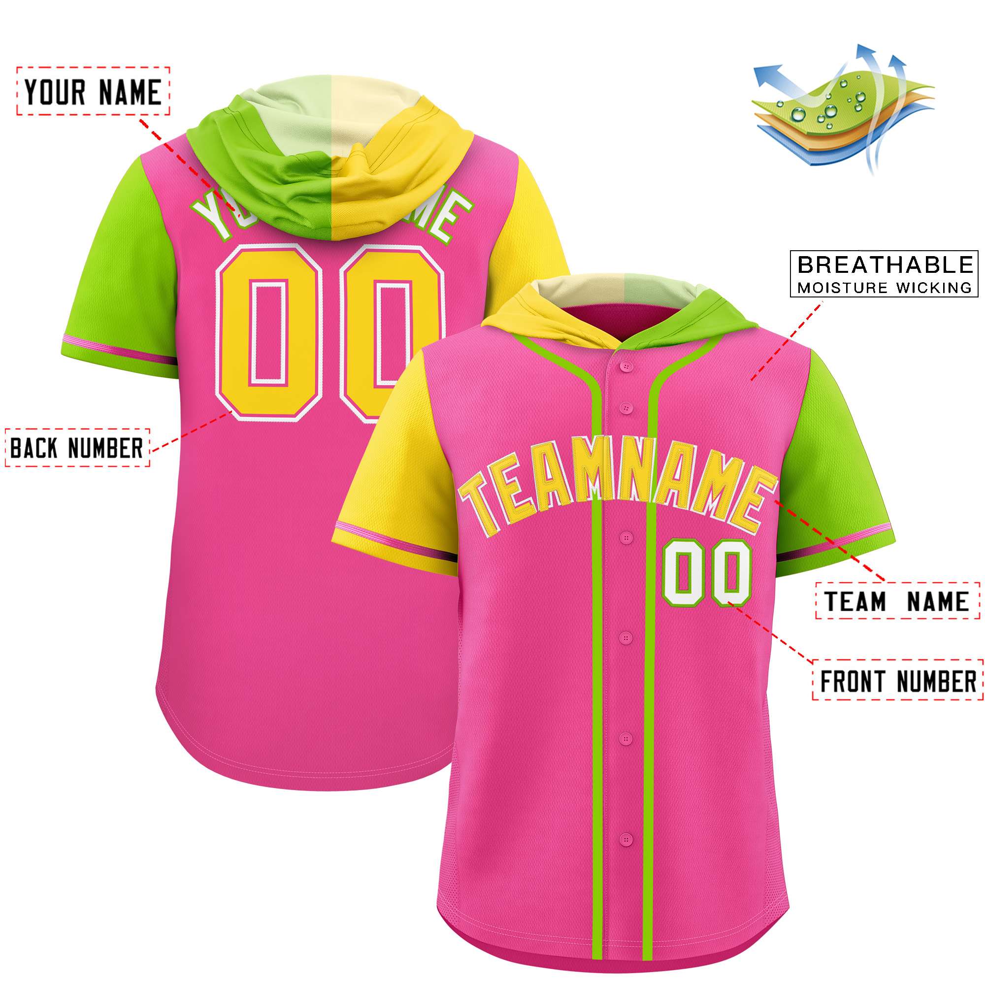 Custom Pink Gold and Neon Green Split Fashion Raglan Sleeves Authentic Baseball Hoodie Jersey