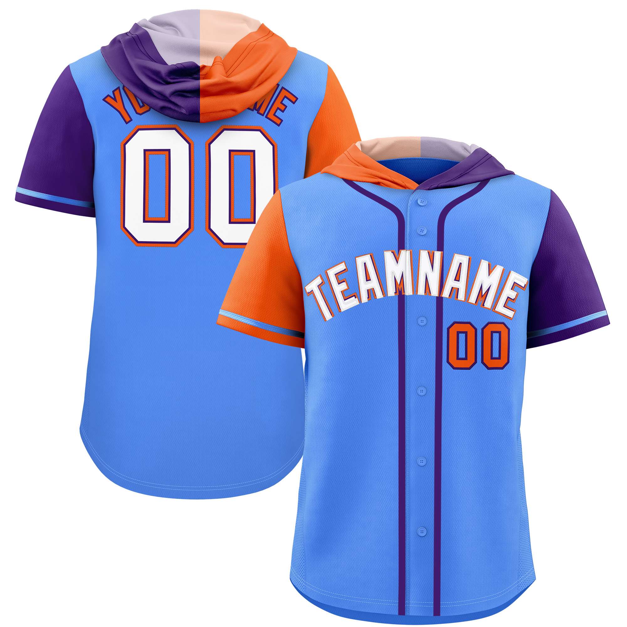 Custom Powder Blue Orange and Purple Split Fashion Raglan Sleeves Authentic Baseball Hoodie Jersey