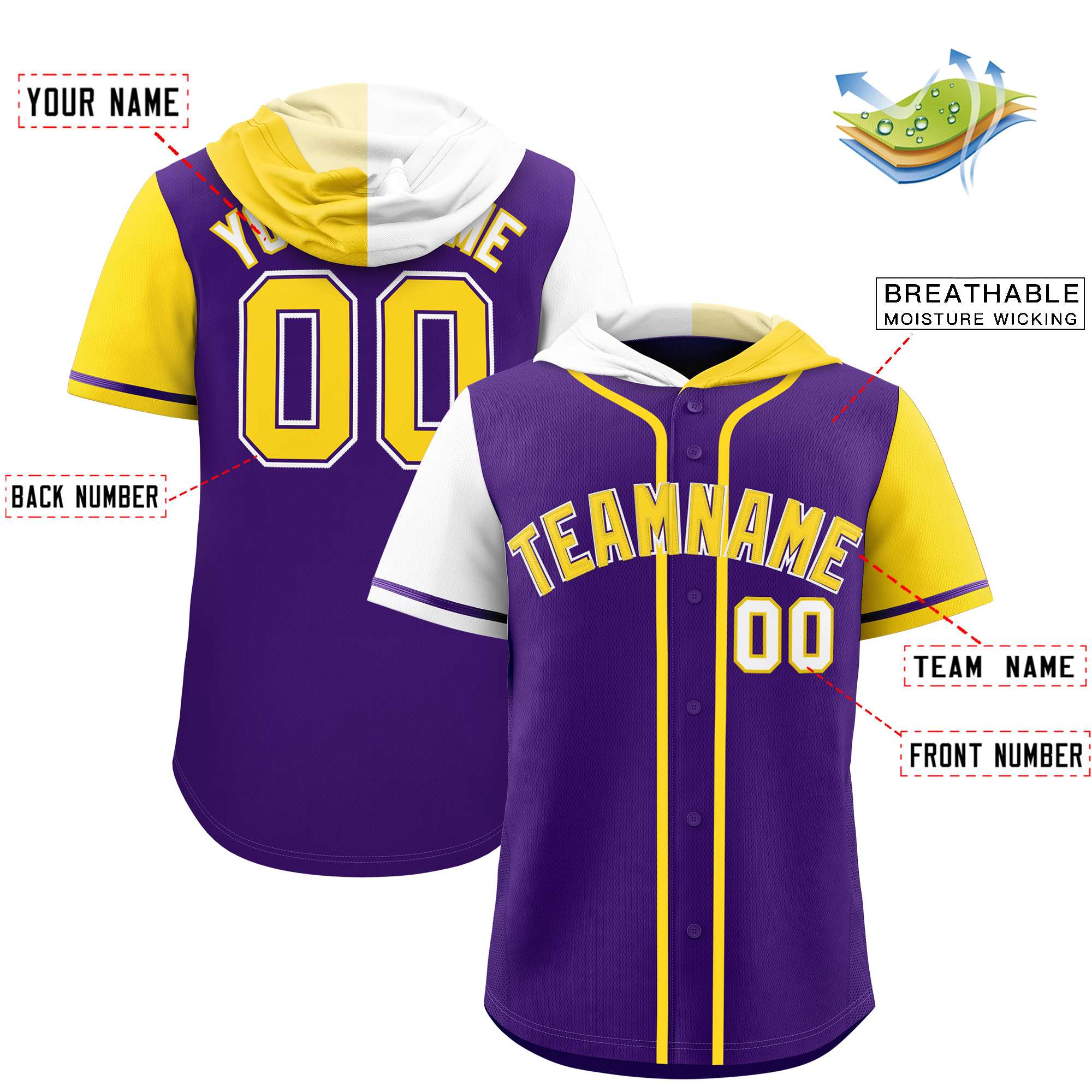 Custom Purple White and Gold Split Fashion Raglan Sleeves Authentic Baseball Hoodie Jersey