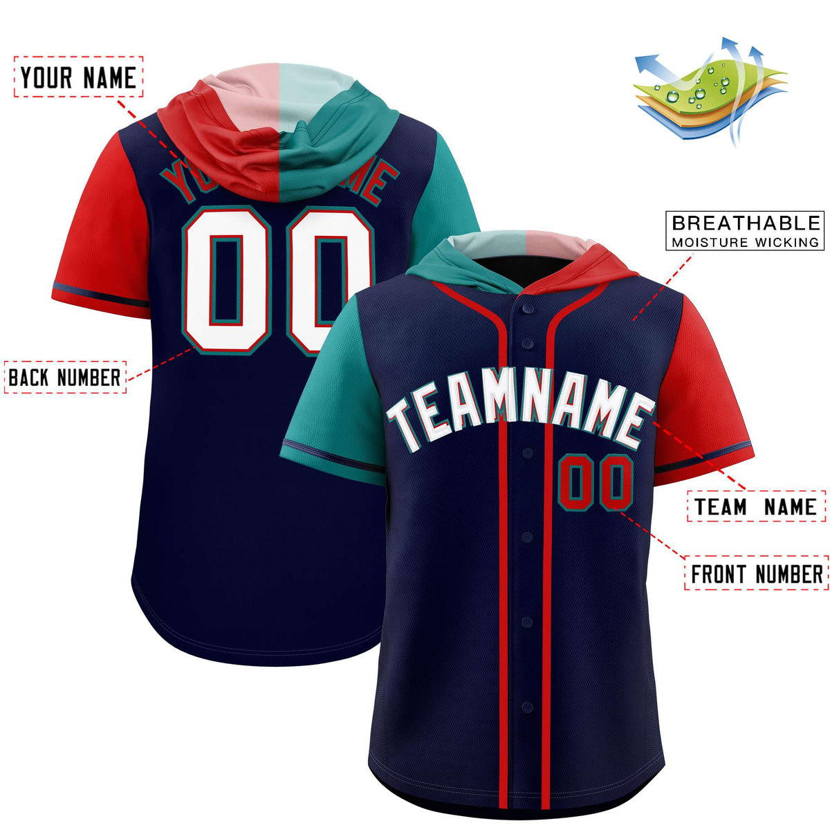 Custom Navy Aqua and Red Split Fashion Raglan Sleeves Authentic Baseball Hoodie Jersey