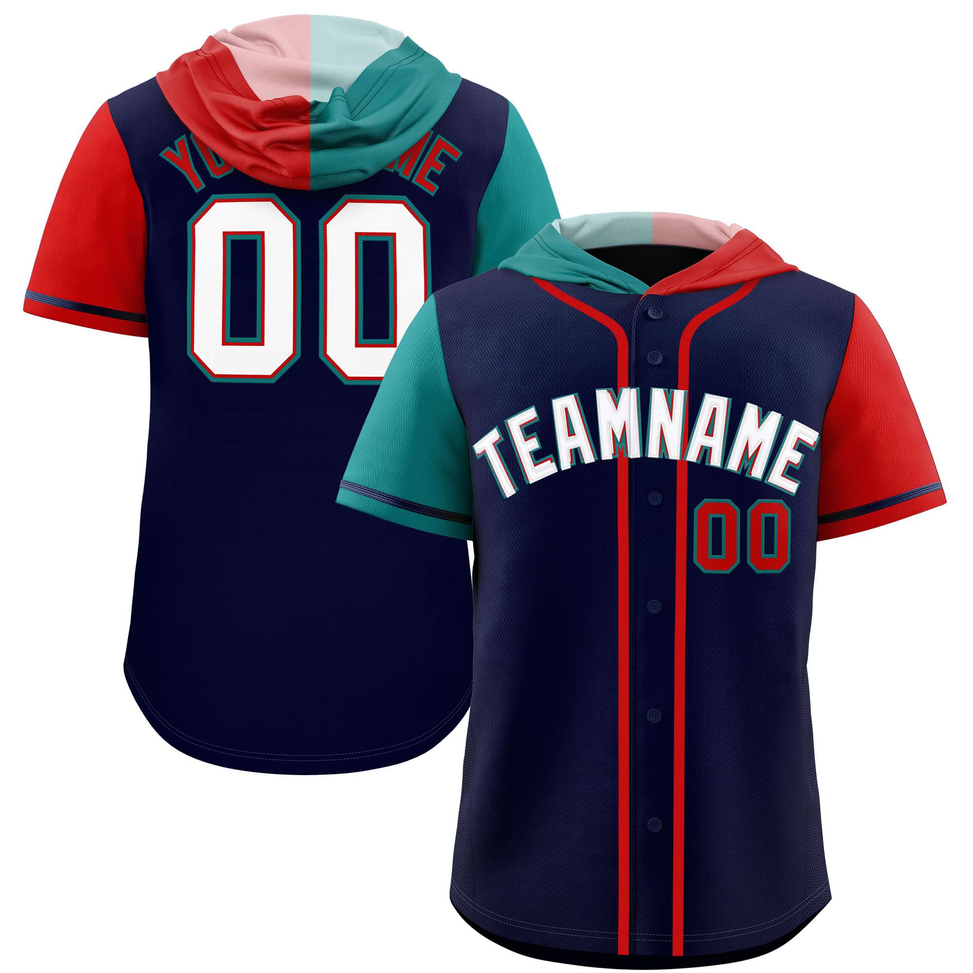 Custom Navy Aqua and Red Split Fashion Raglan Sleeves Authentic Baseball Hoodie Jersey