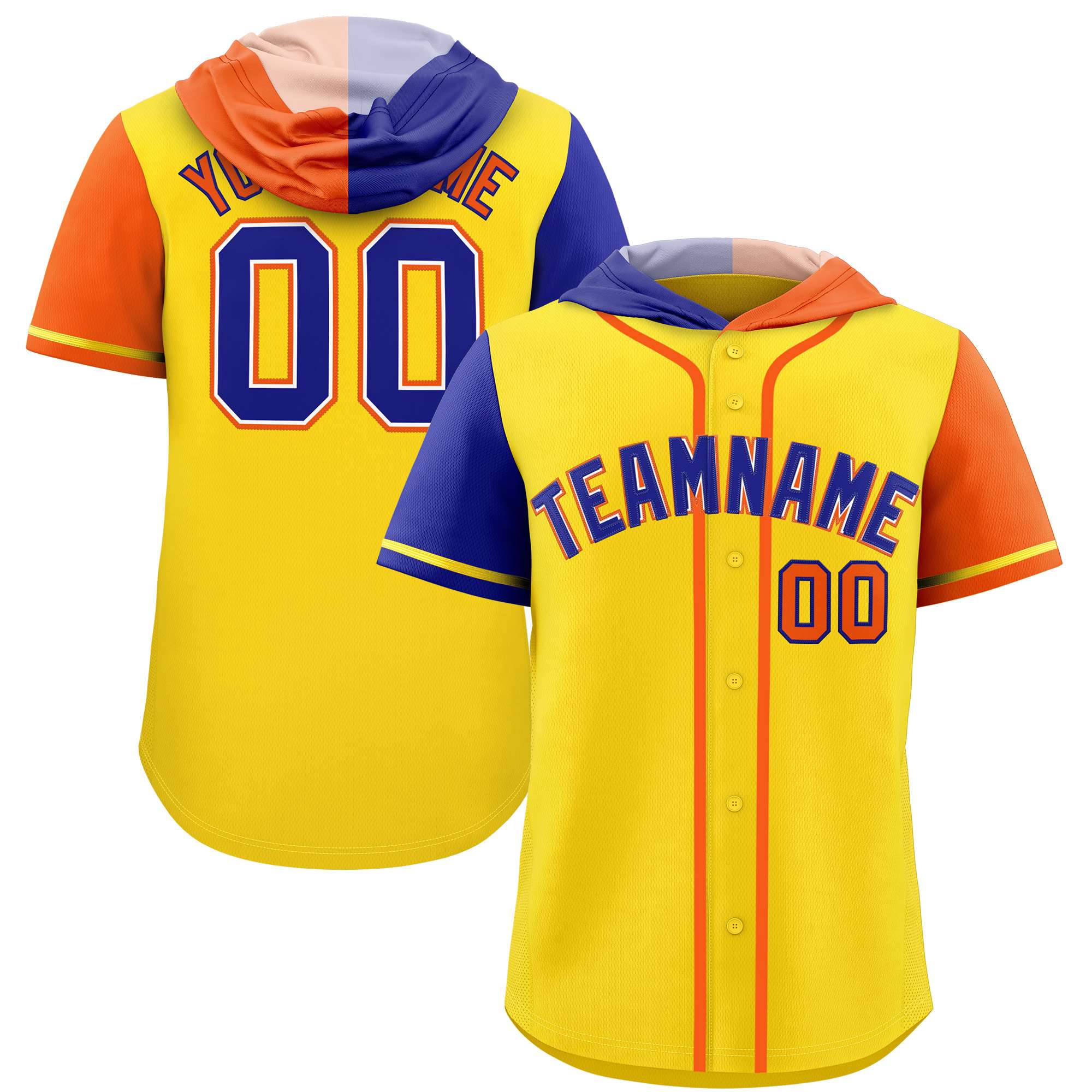 Custom Gold Royal and Orange Split Fashion Raglan Sleeves Authentic Baseball Hoodie Jersey