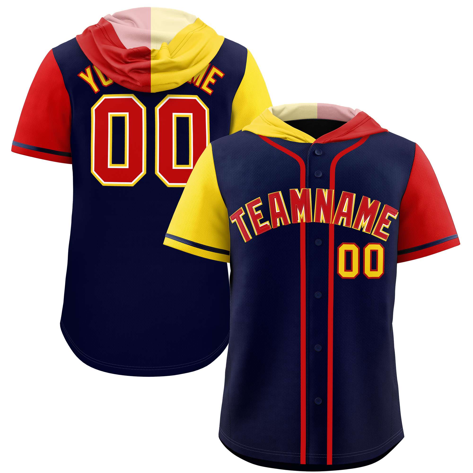 Custom Navy Gold and Red Split Fashion Raglan Sleeves Authentic Baseball Hoodie Jersey