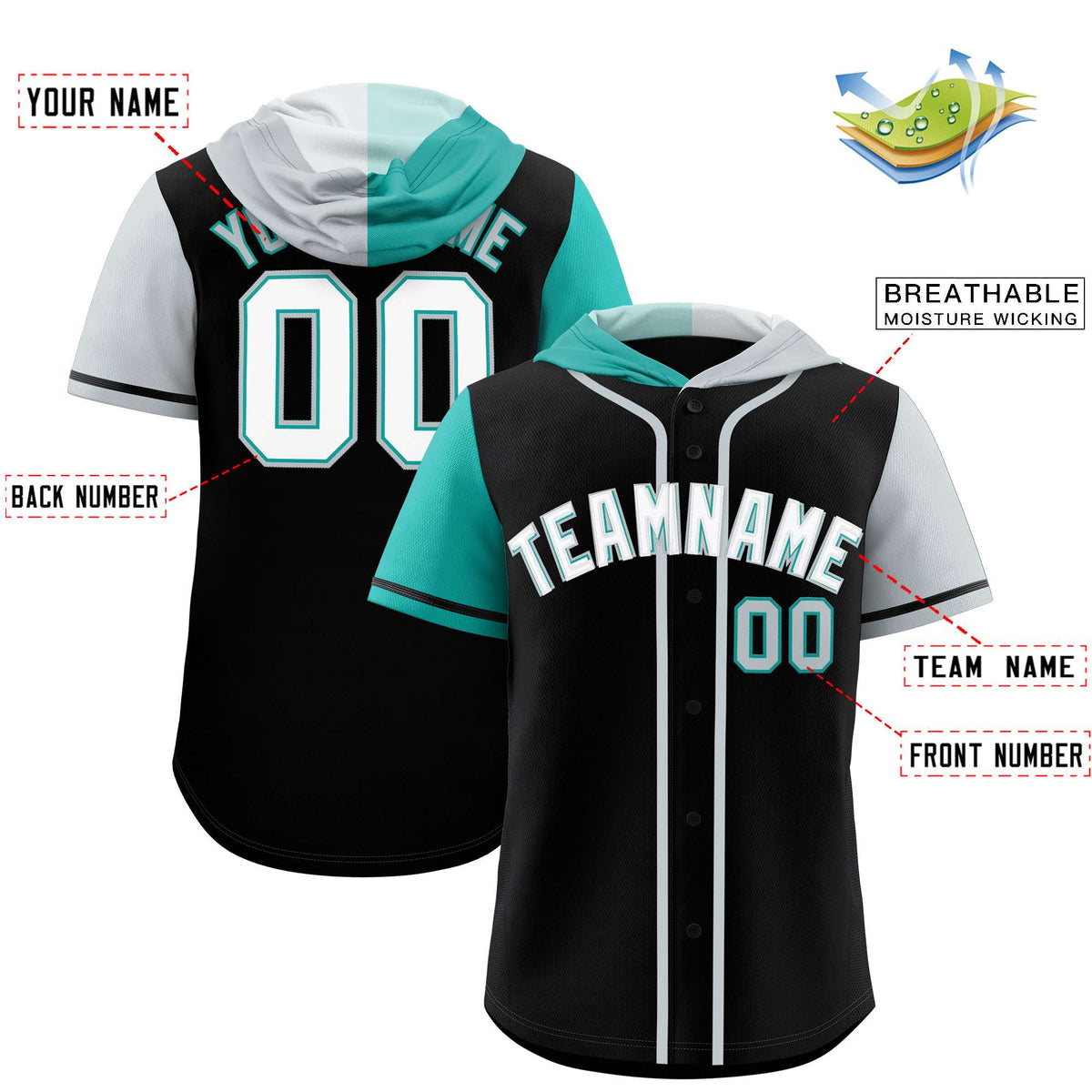 Custom Black Aqua and Silver Split Fashion Raglan Sleeves Authentic Baseball Hoodie Jersey