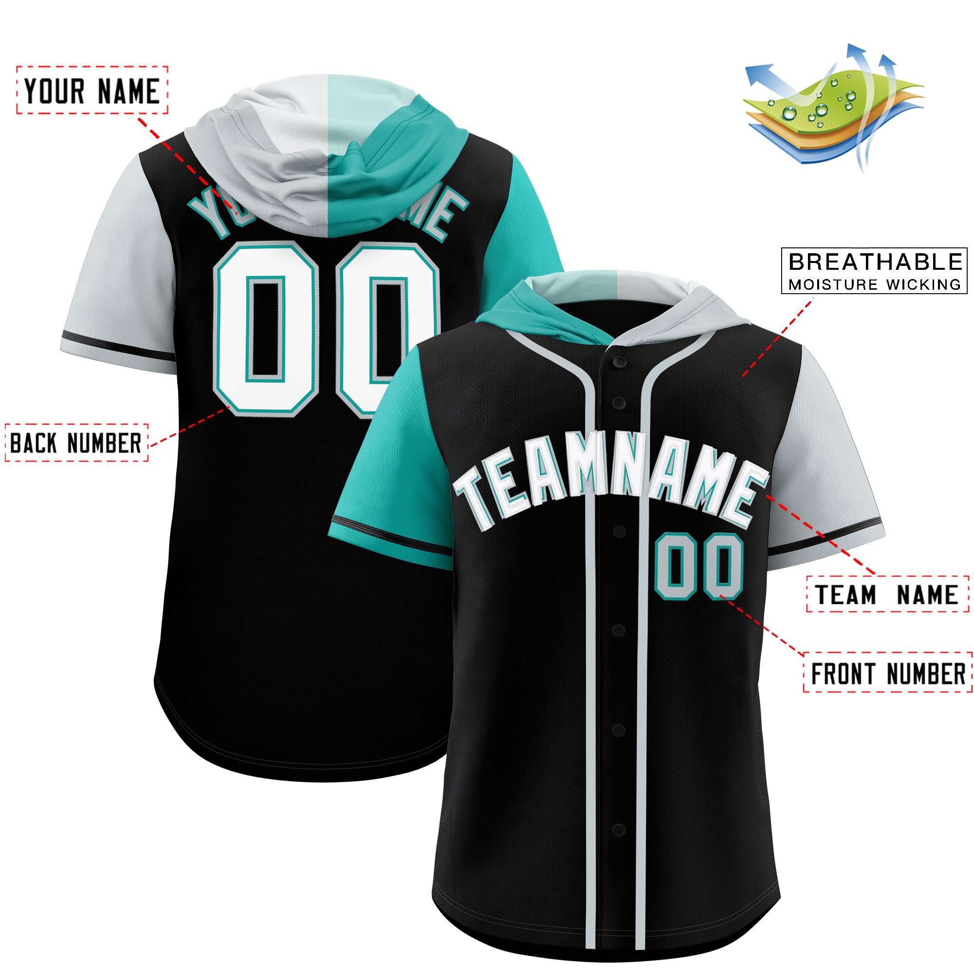 Custom Black Aqua and Silver Split Fashion Raglan Sleeves Authentic Baseball Hoodie Jersey