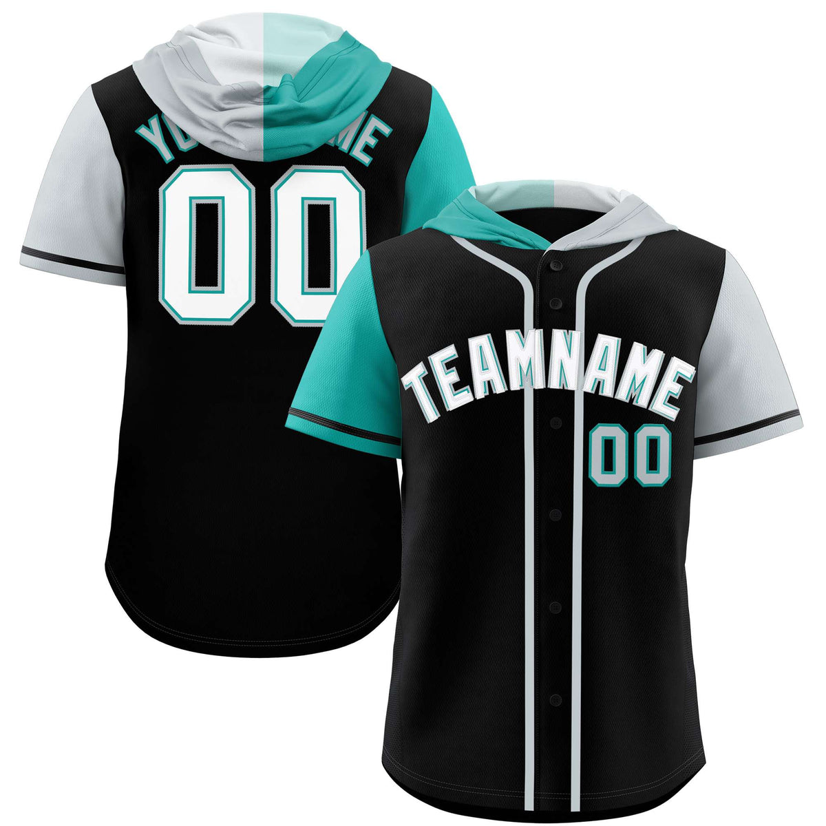 Custom Black Aqua and Silver Split Fashion Raglan Sleeves Authentic Baseball Hoodie Jersey
