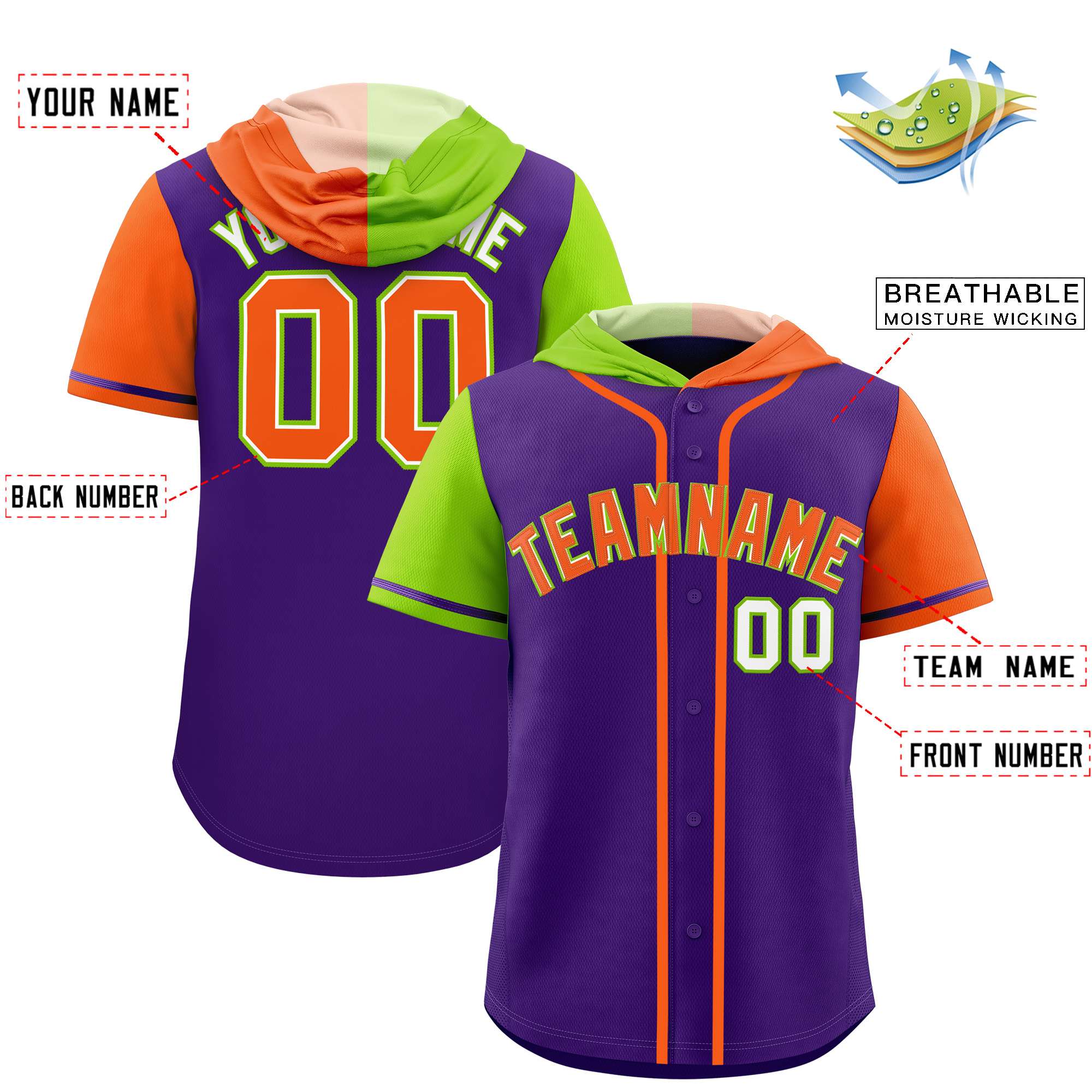 Custom Purple Neon Green and Orange Split Fashion Raglan Sleeves Authentic Baseball Hoodie Jersey