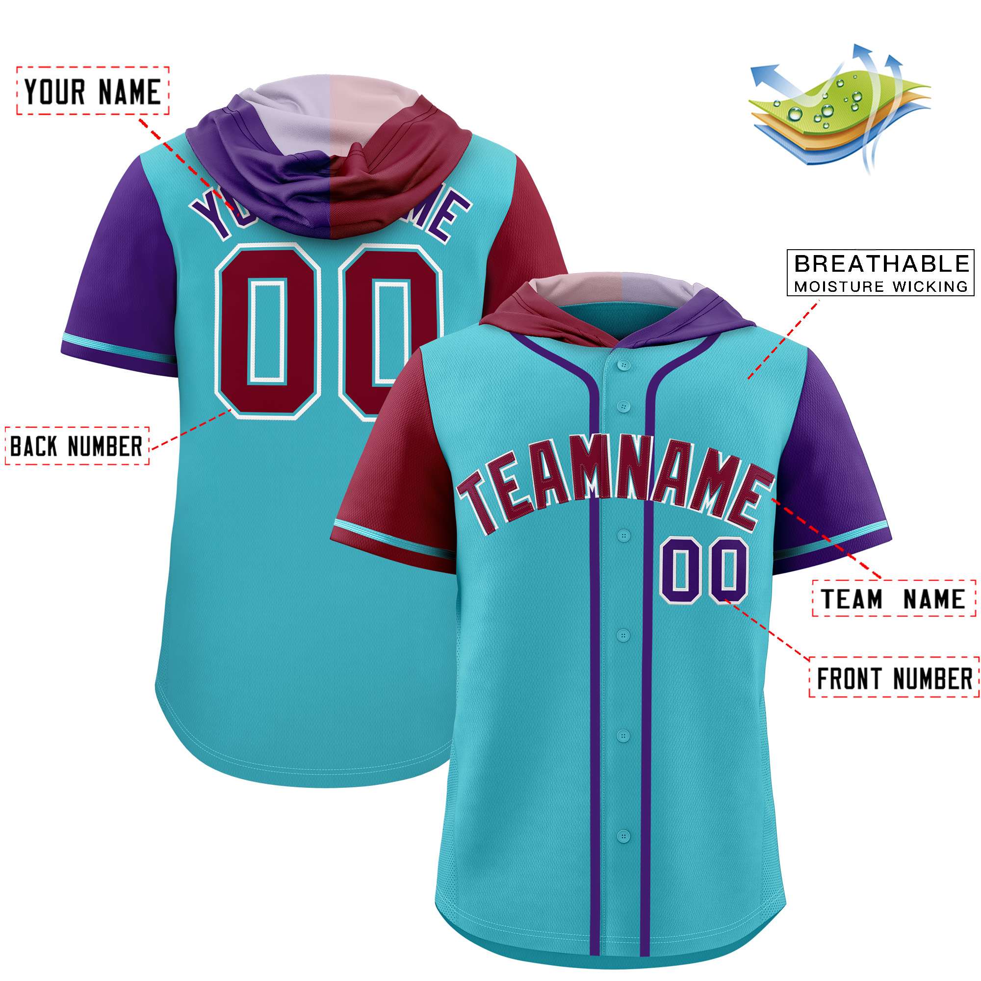 Custom Sky Blue Crimson and Purple Split Fashion Raglan Sleeves Authentic Baseball Hoodie Jersey