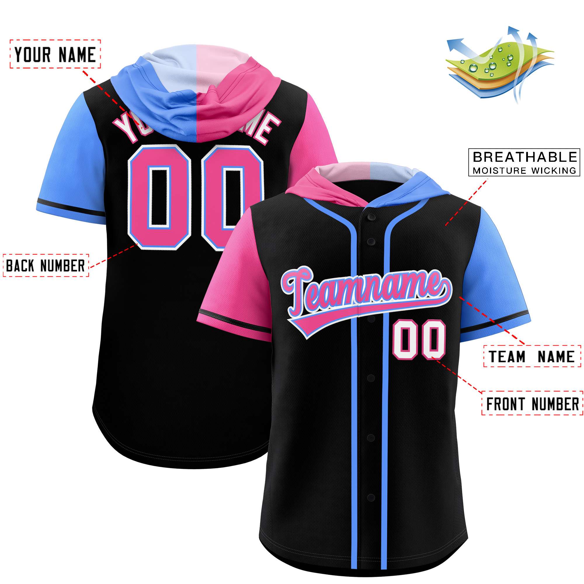 Custom Black Pink and Powder Blue Split Fashion Raglan Sleeves Authentic Baseball Hoodie Jersey