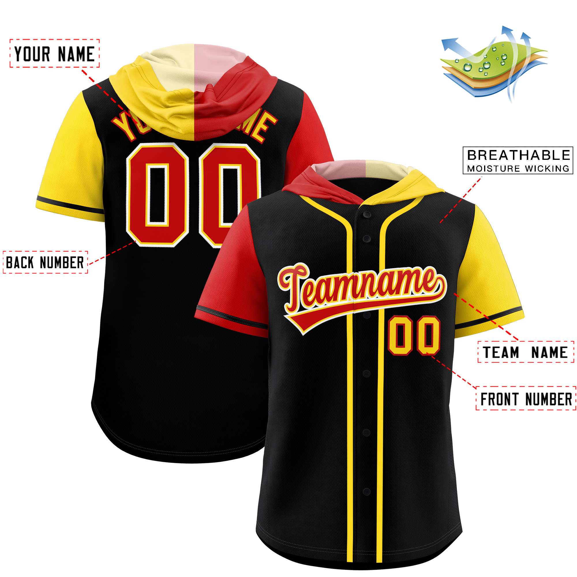 Custom Black Red and Gold Split Fashion Raglan Sleeves Authentic Baseball Hoodie Jersey