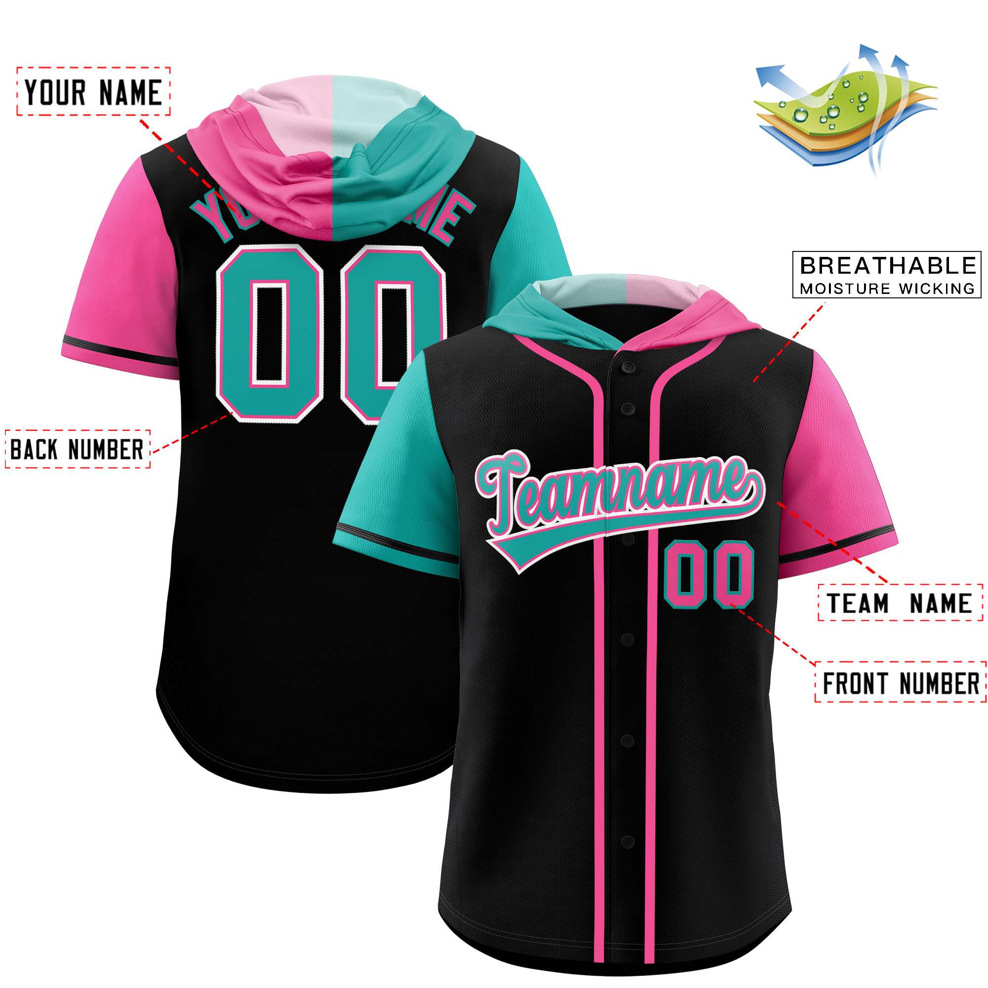 Custom Black Aqua and Pink Split Fashion Raglan Sleeves Authentic Baseball Hoodie Jersey