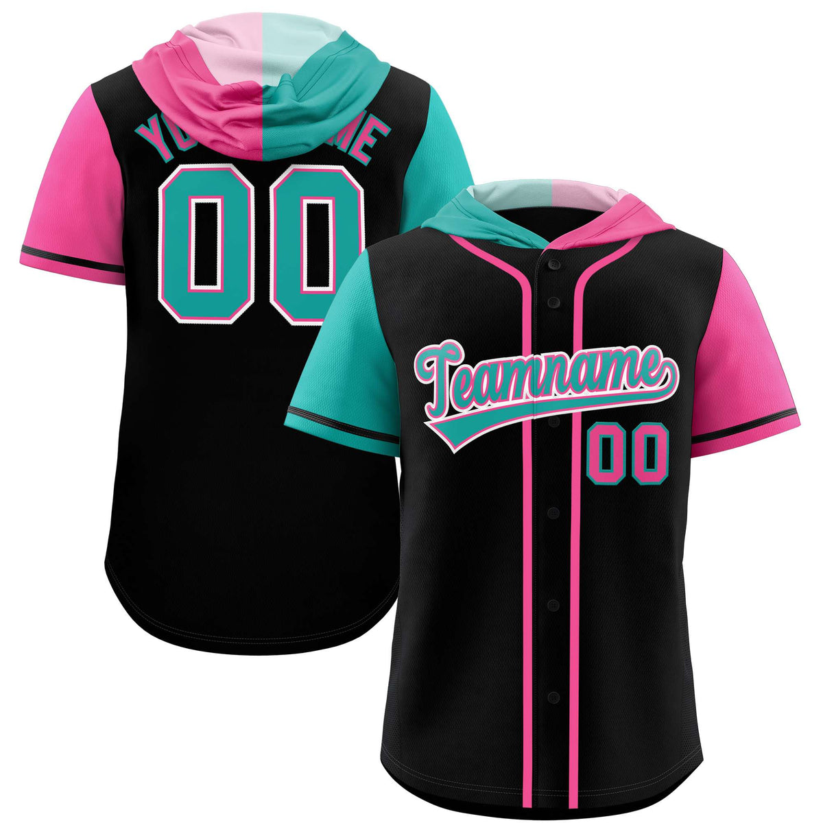 Custom Black Aqua and Pink Split Fashion Raglan Sleeves Authentic Baseball Hoodie Jersey
