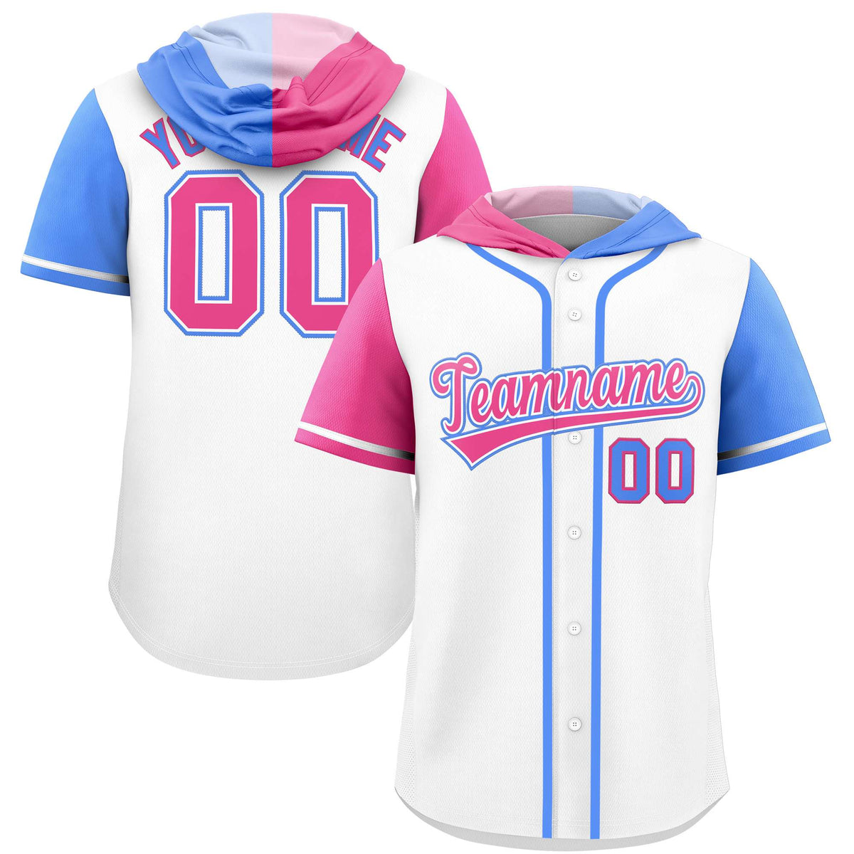 Custom White Pink and Powder Blue Split Fashion Raglan Sleeves Authentic Baseball Hoodie Jersey