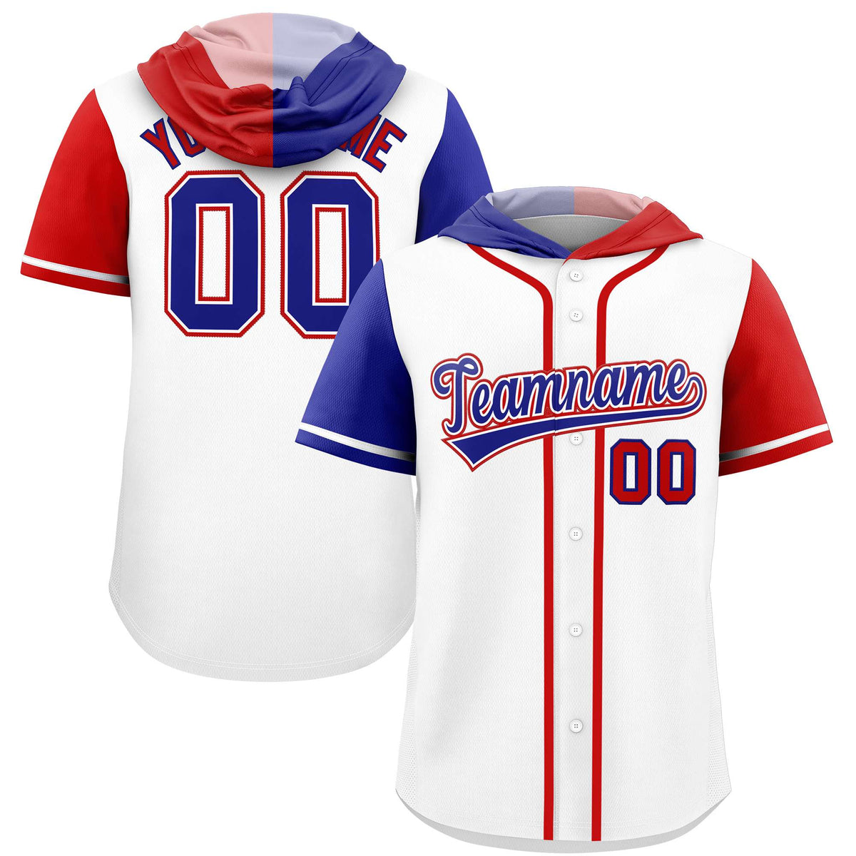 Custom White Royal and Red Split Fashion Raglan Sleeves Authentic Baseball Hoodie Jersey