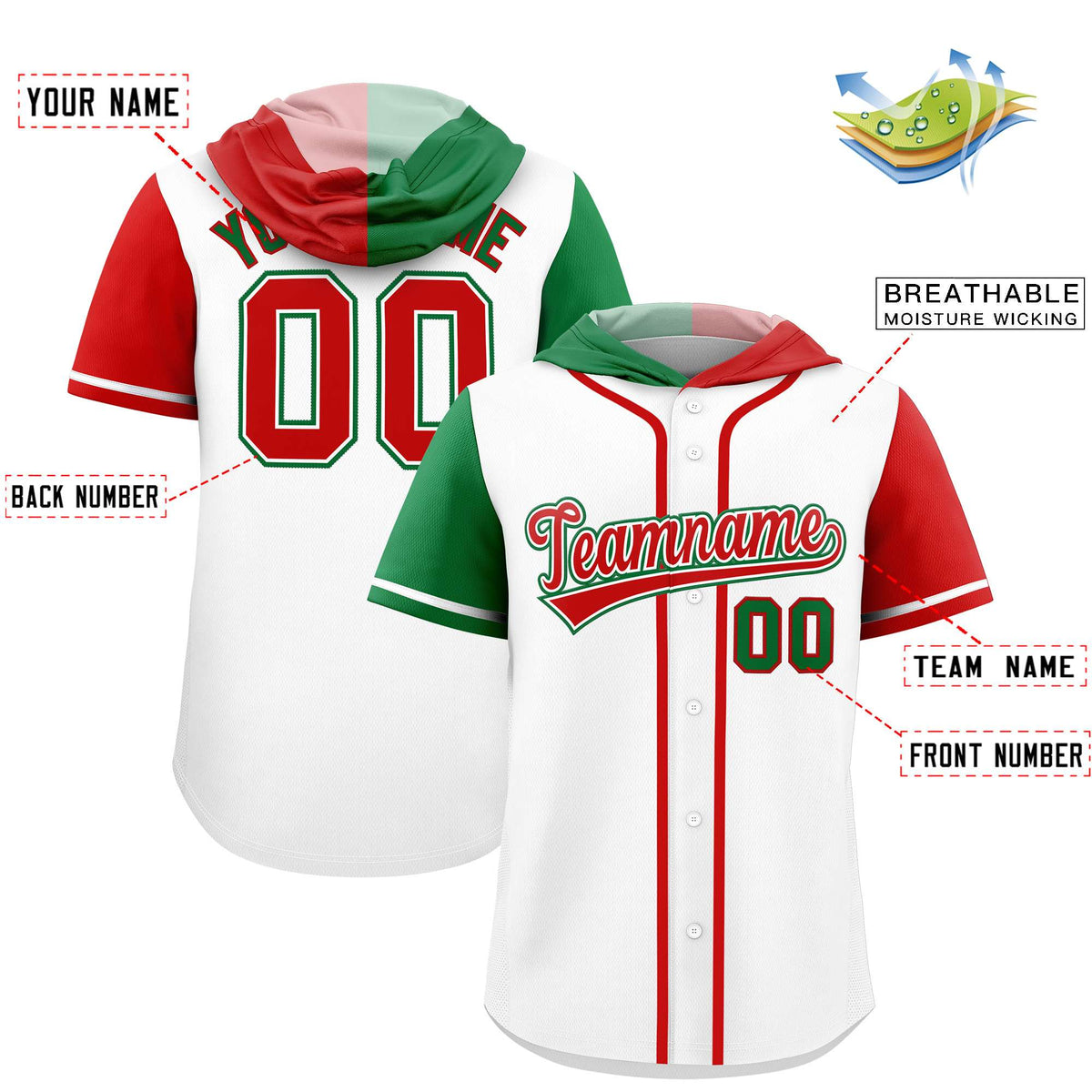 Custom White Kelly Green and Red Split Fashion Raglan Sleeves Authentic Baseball Hoodie Jersey