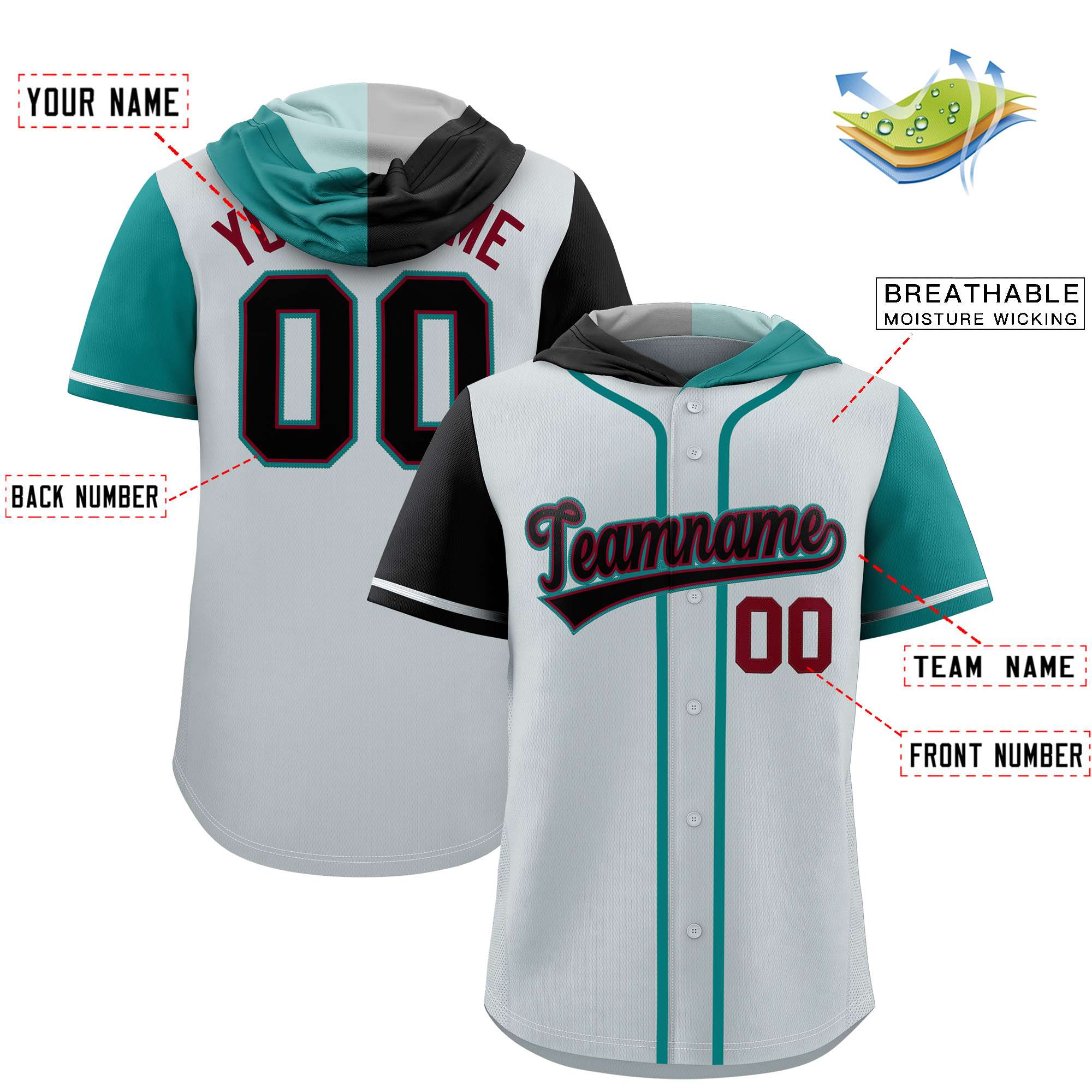 Custom Silver Black and Aqua Split Fashion Raglan Sleeves Authentic Baseball Hoodie Jersey