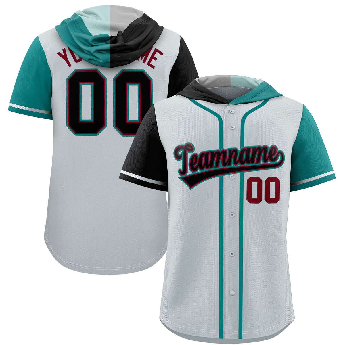 Custom Silver Black and Aqua Split Fashion Raglan Sleeves Authentic Baseball Hoodie Jersey