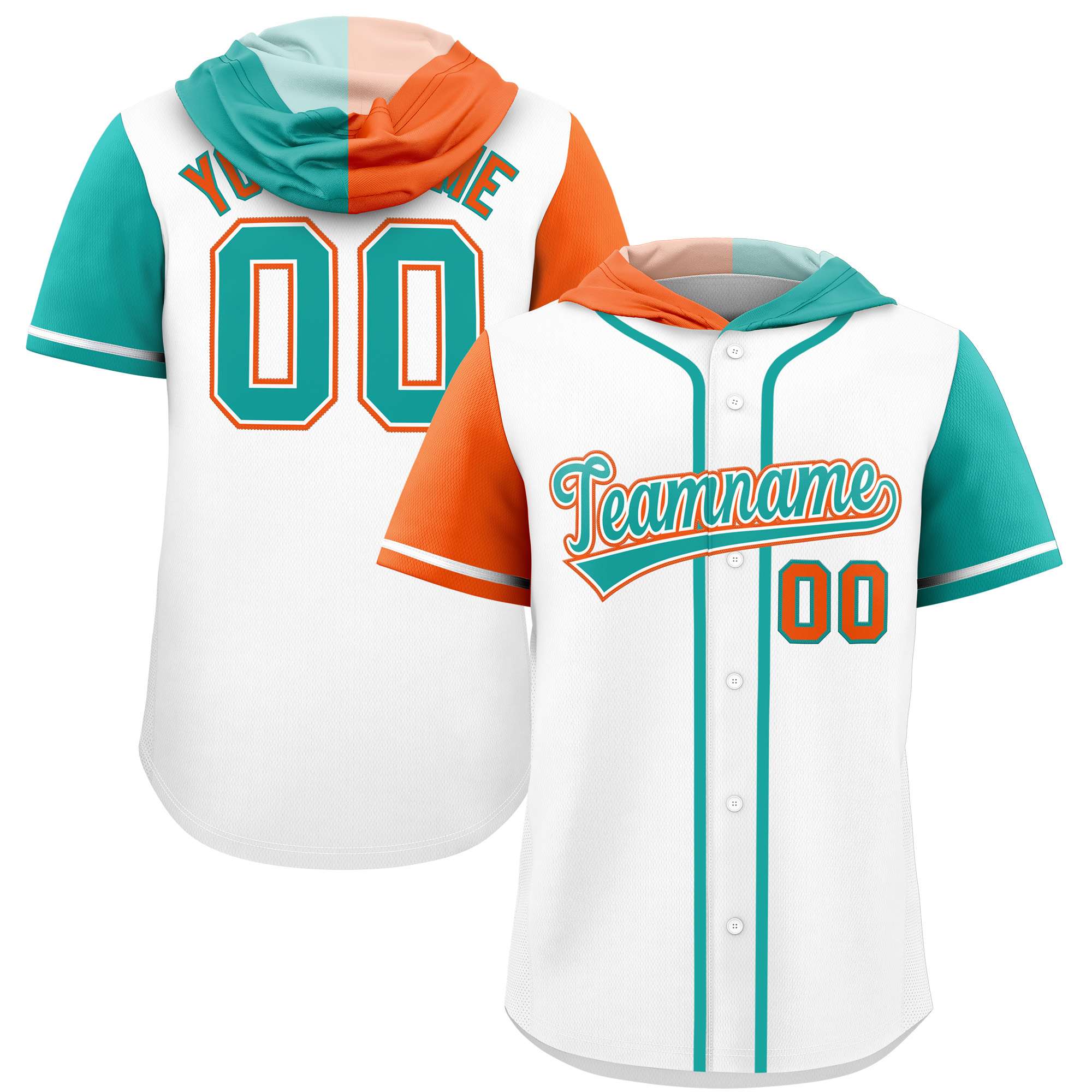 Custom White Orange and Aqua Split Fashion Raglan Sleeves Authentic Baseball Hoodie Jersey