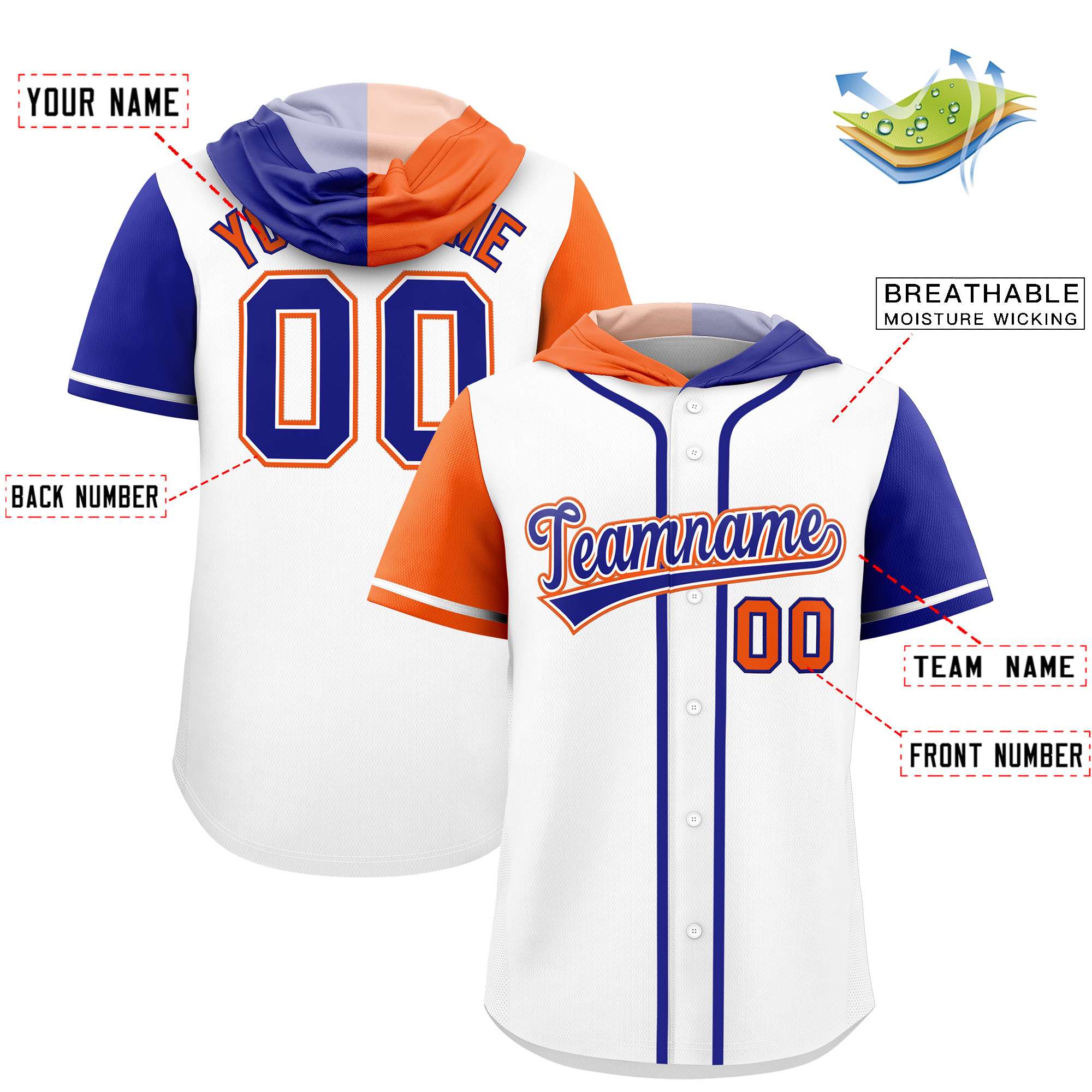 Custom White Orange and Royal Split Fashion Raglan Sleeves Authentic Baseball Hoodie Jersey