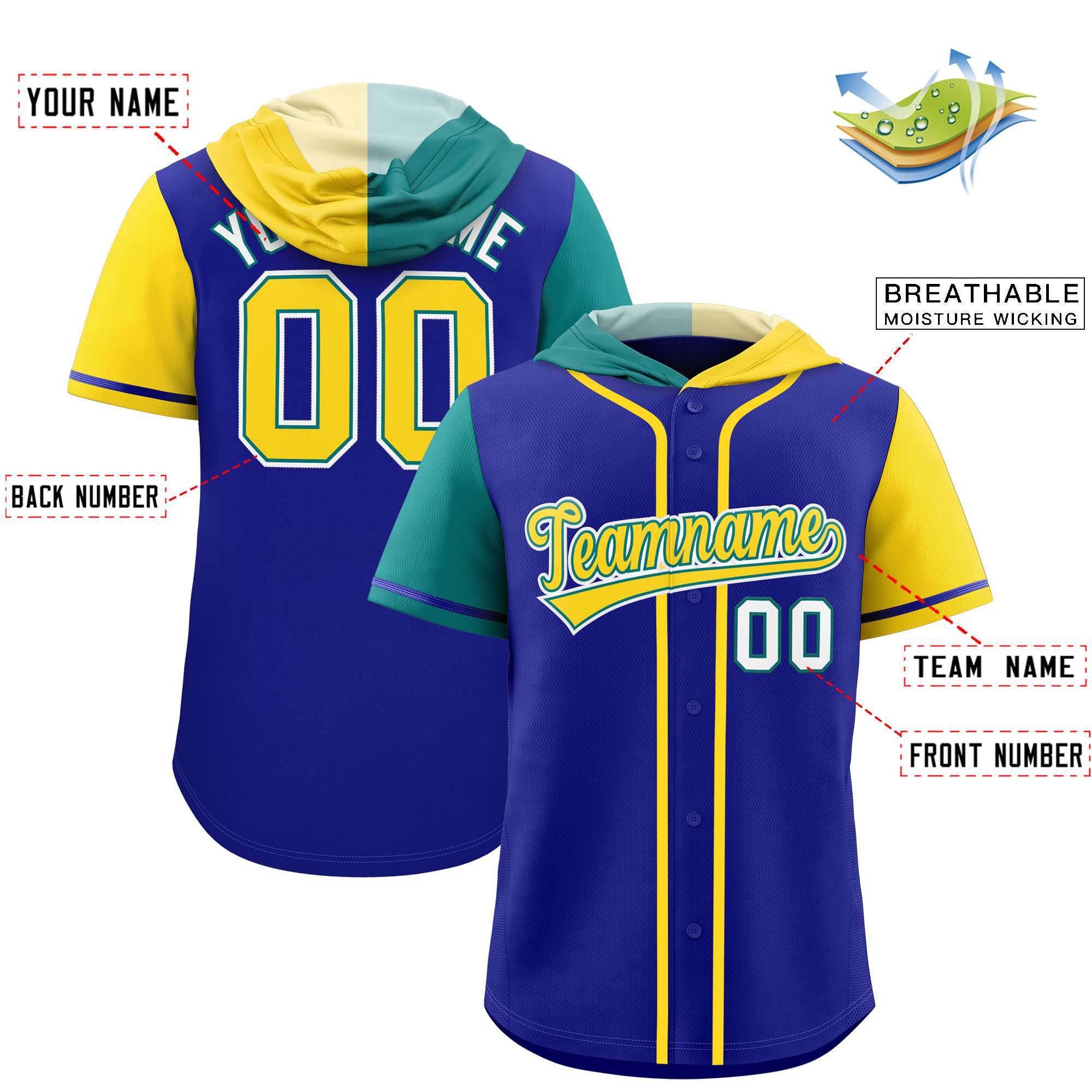 Custom Royal Aqua and Gold Split Fashion Raglan Sleeves Authentic Baseball Hoodie Jersey