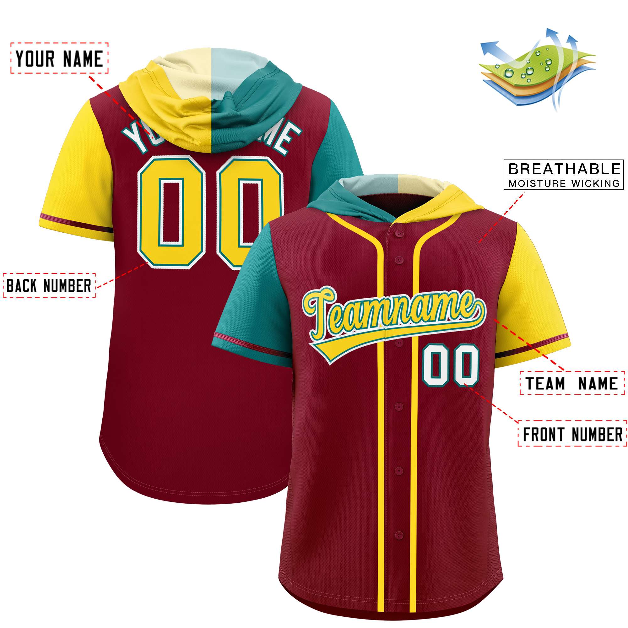 Custom Crimson Aqua and Gold Split Fashion Raglan Sleeves Authentic Baseball Hoodie Jersey