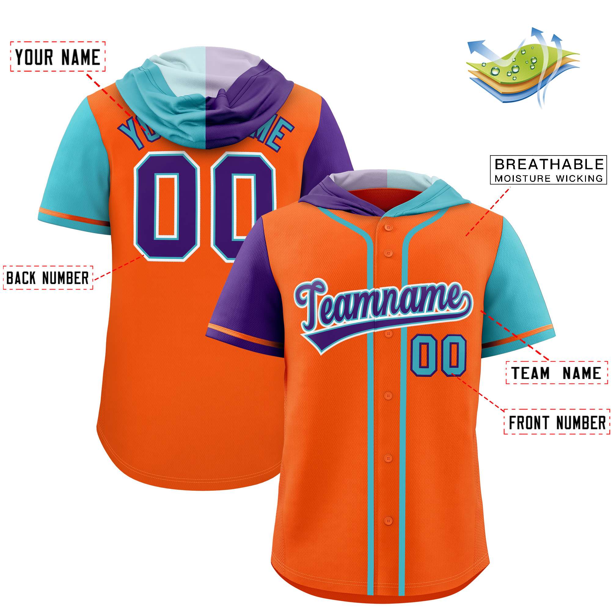 Custom Orange Purple and Sky Blue Split Fashion Raglan Sleeves Authentic Baseball Hoodie Jersey