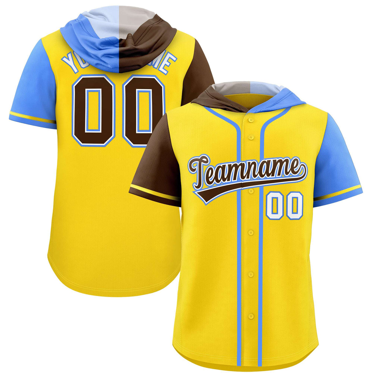 Custom Gold Brown and Powder Blue Split Fashion Raglan Sleeves Authentic Baseball Hoodie Jersey