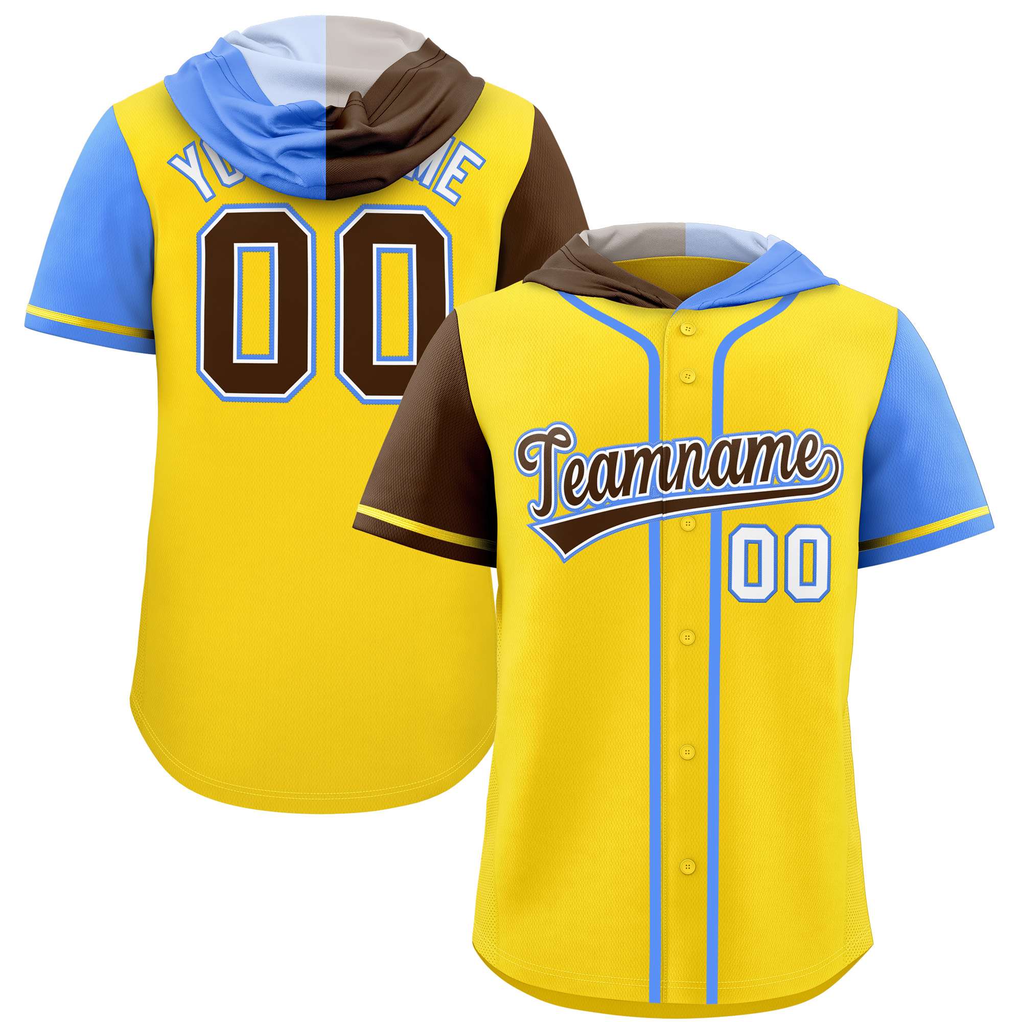Custom Gold Brown and Powder Blue Split Fashion Raglan Sleeves Authentic Baseball Hoodie Jersey