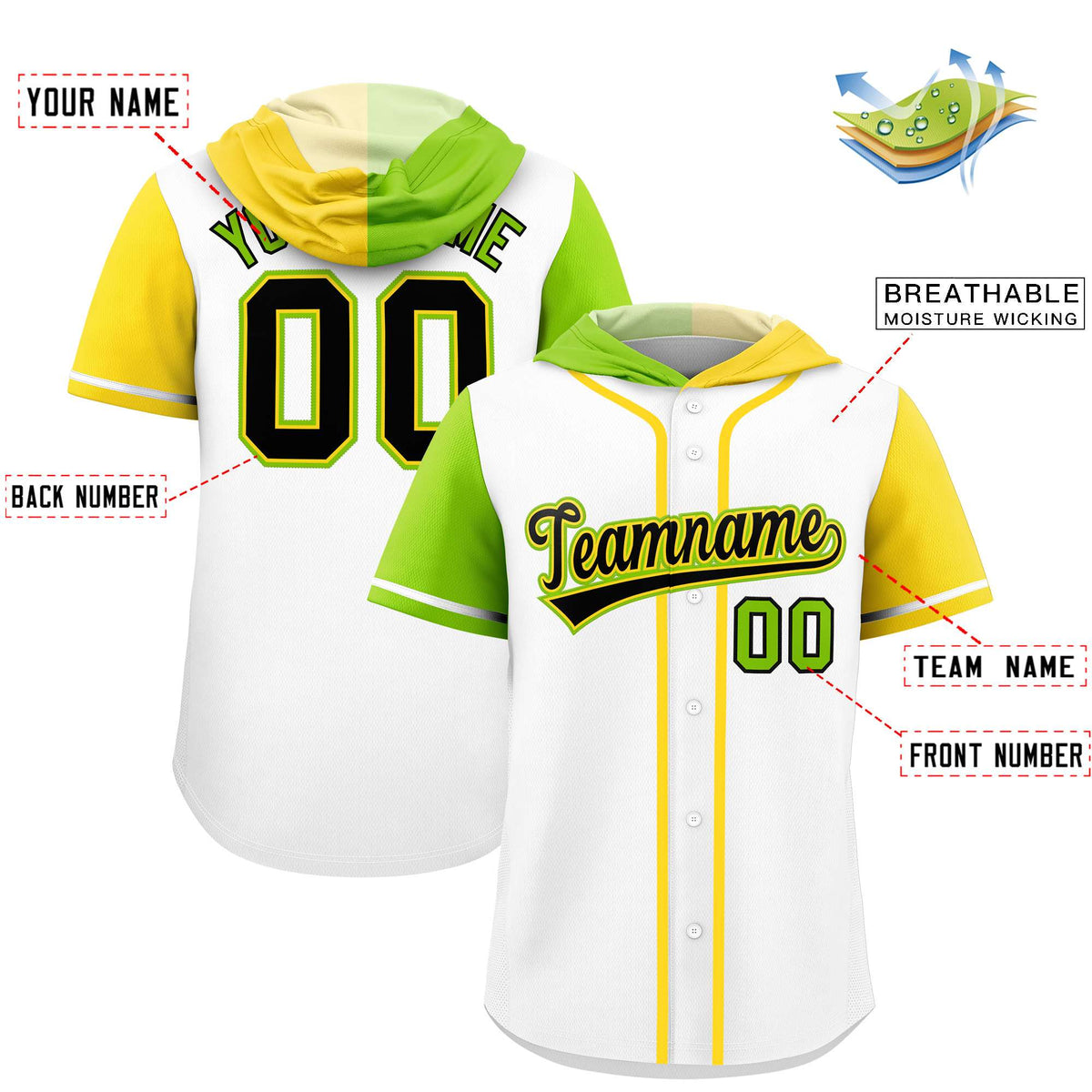 Custom White Neon Green and Gold Split Fashion Raglan Sleeves Authentic Baseball Hoodie Jersey
