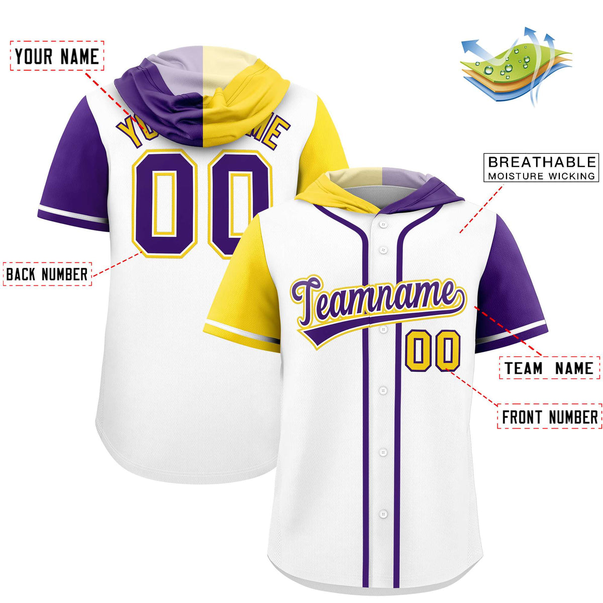 Custom White Gold and Purple Split Fashion Raglan Sleeves Authentic Baseball Hoodie Jersey