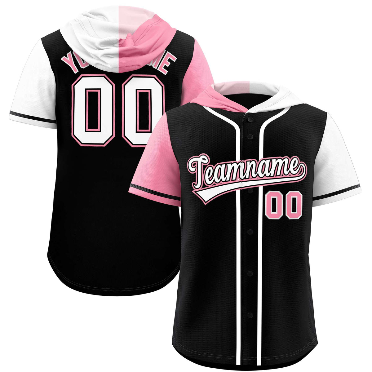 Custom Black Light Pink and White Split Fashion Raglan Sleeves Authentic Baseball Hoodie Jersey