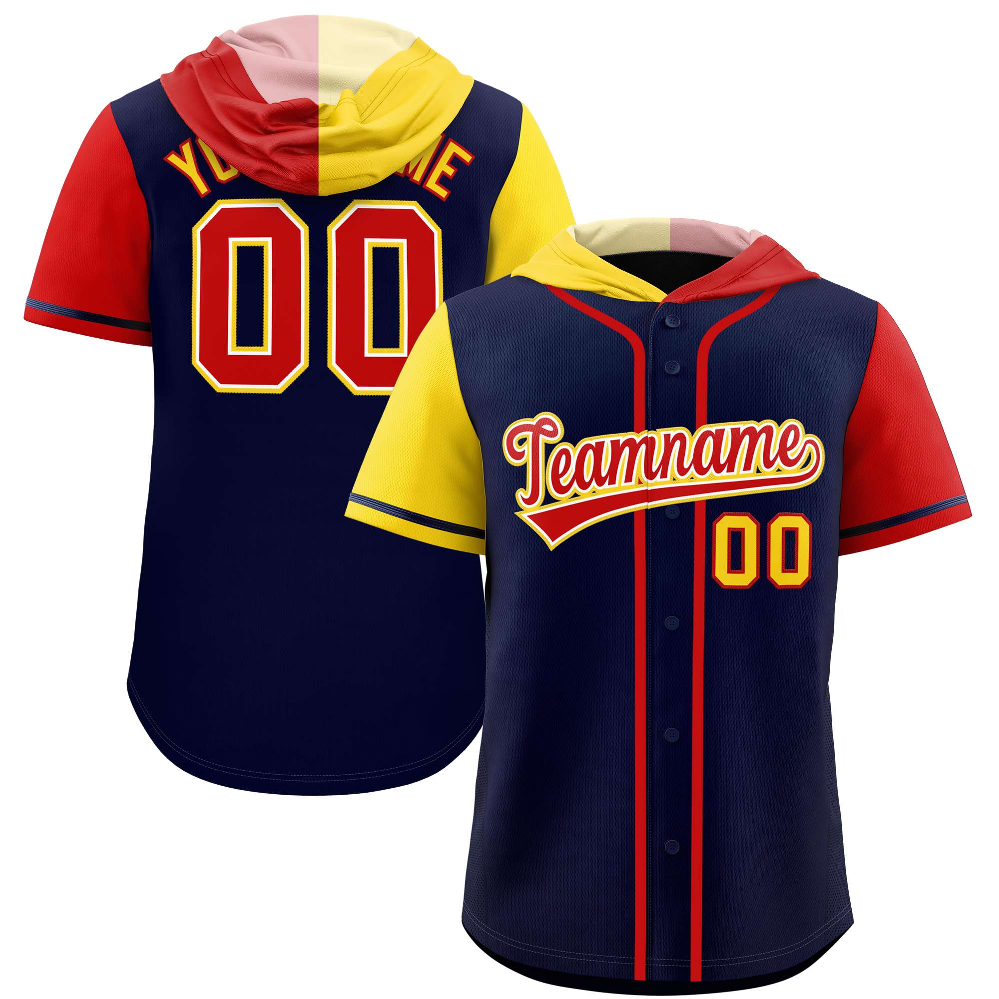 Custom Navy Gold and Red Split Fashion Raglan Sleeves Authentic Baseball Hoodie Jersey