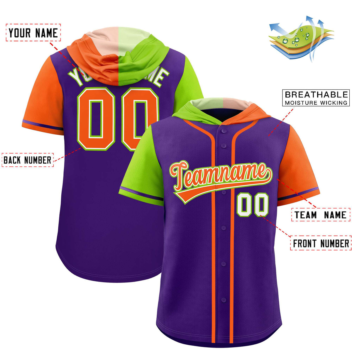 Custom Purple Neon Green and Orange Split Fashion Raglan Sleeves Authentic Baseball Hoodie Jersey