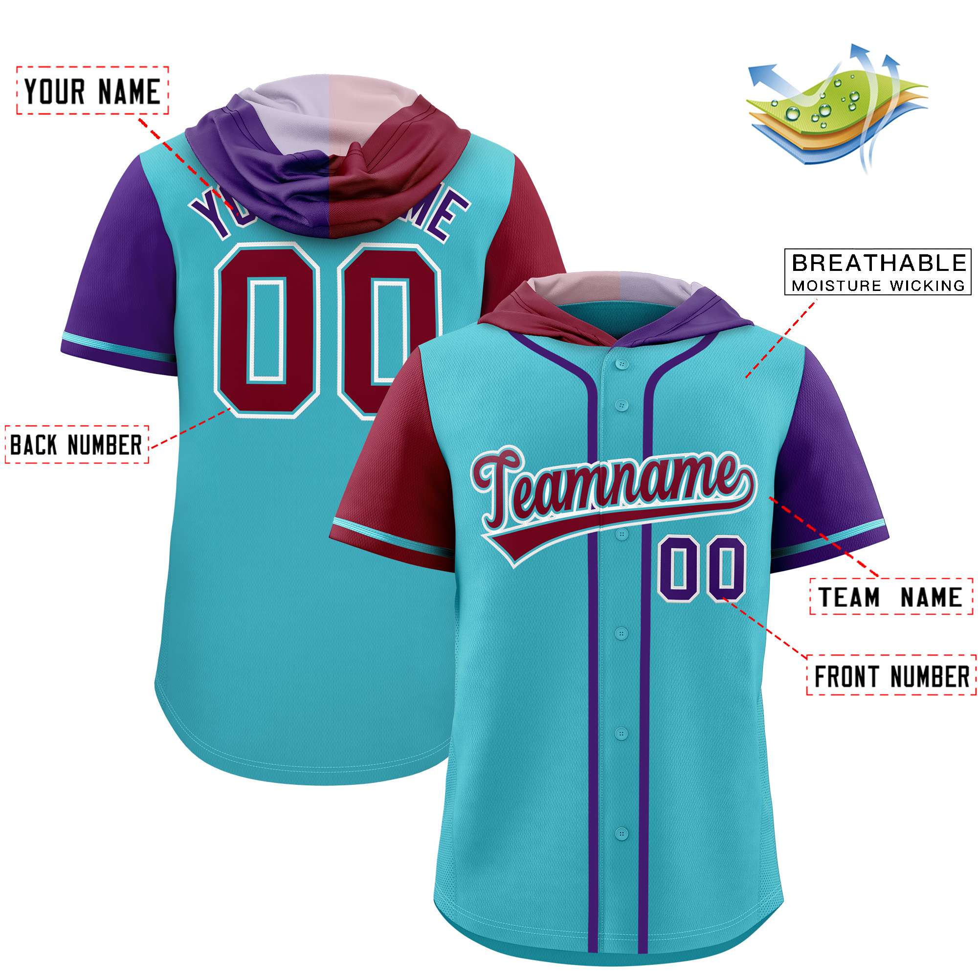 Custom Sky Blue Crimson and Purple Split Fashion Raglan Sleeves Authentic Baseball Hoodie Jersey