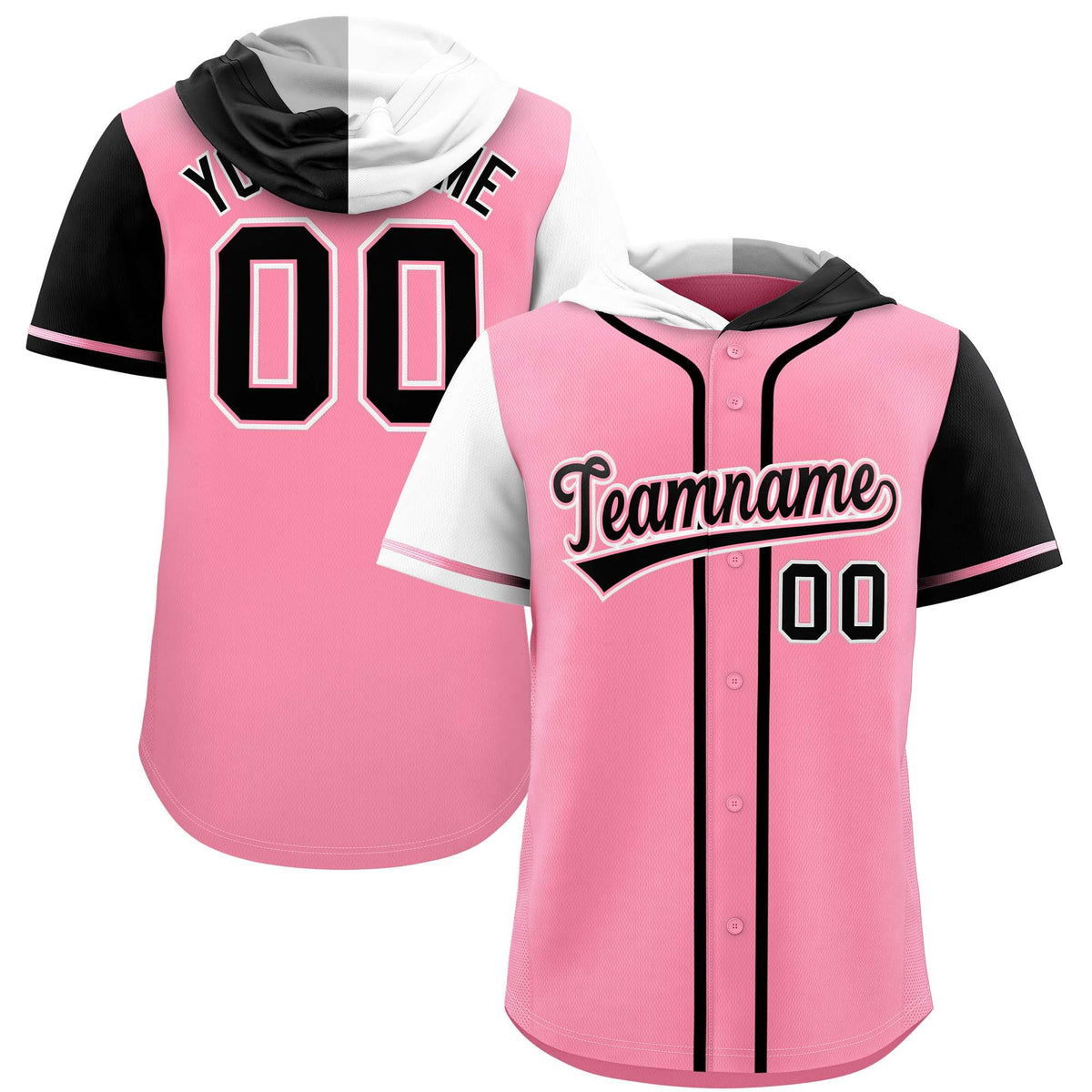 Custom Light Pink White and Black Split Fashion Raglan Sleeves Authentic Baseball Hoodie Jersey