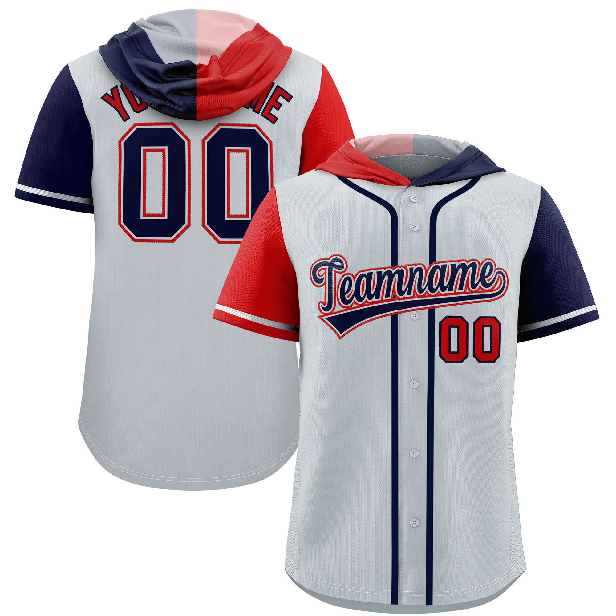 Custom Silver Red and Navy Split Fashion Raglan Sleeves Authentic Baseball Hoodie Jersey