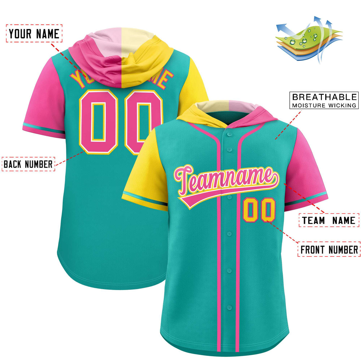 Custom Aqua Gold and Pink Split Fashion Raglan Sleeves Authentic Baseball Hoodie Jersey