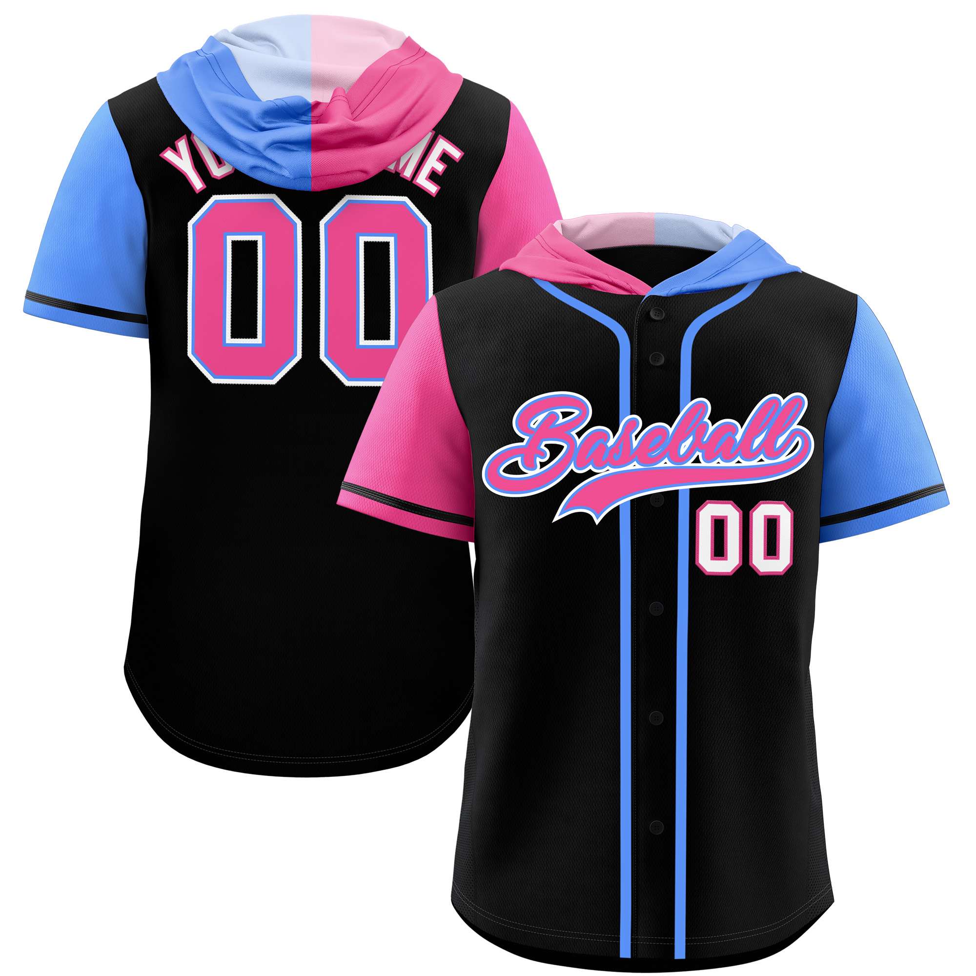 Custom Black Pink and Powder Blue Split Fashion Raglan Sleeves Authentic Baseball Hoodie Jersey