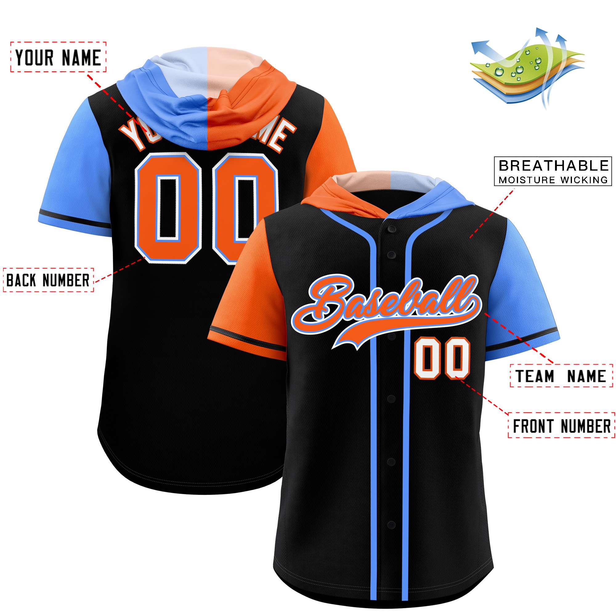 Custom Black Orange and Powder Blue Split Fashion Raglan Sleeves Authentic Baseball Hoodie Jersey
