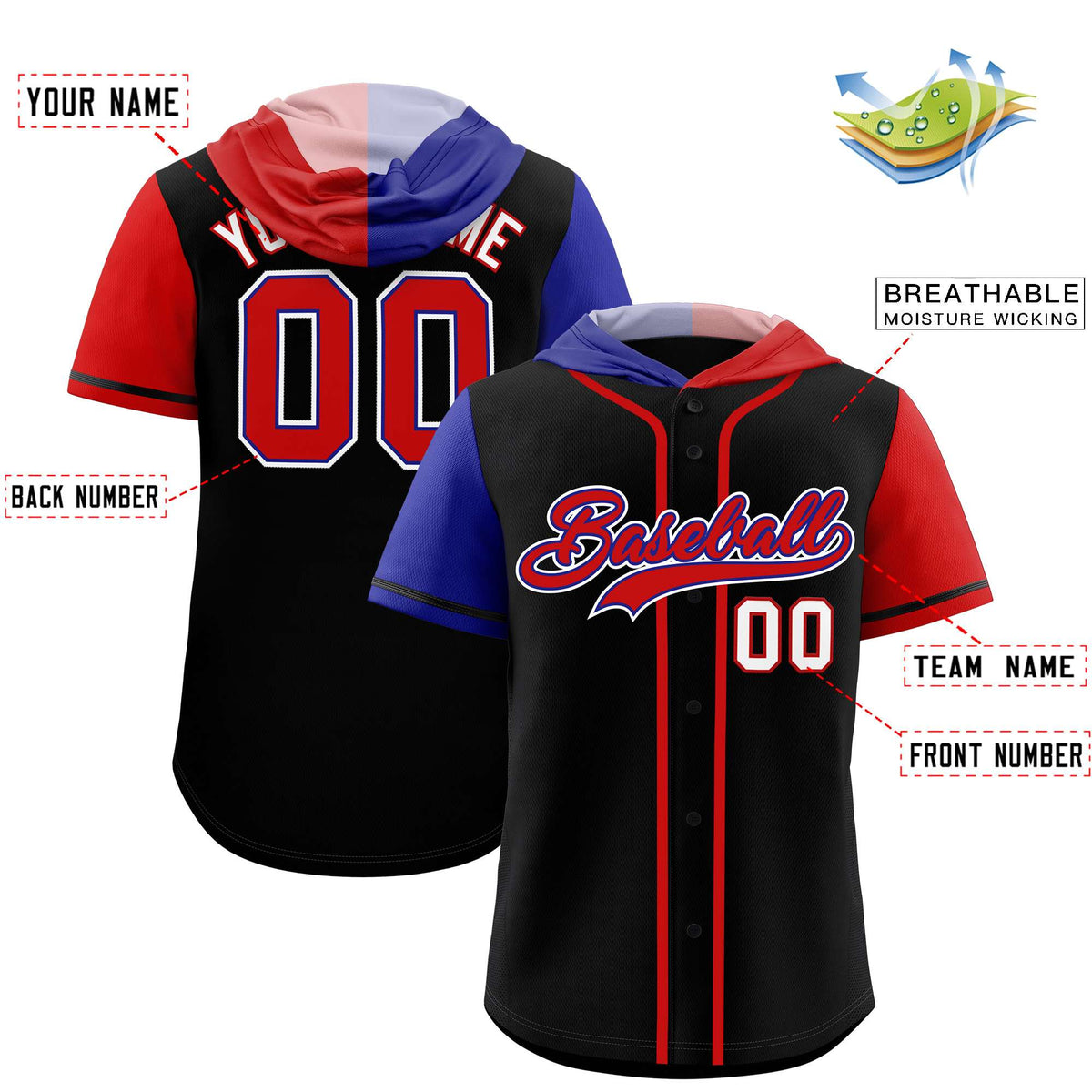 Custom Black Royal and Red Split Fashion Raglan Sleeves Authentic Baseball Hoodie Jersey