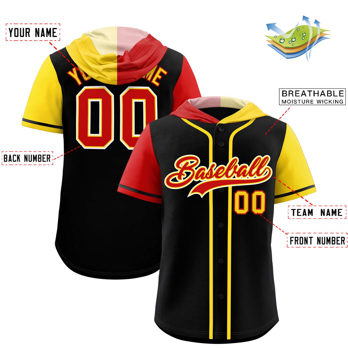 Custom Black Red and Gold Split Fashion Raglan Sleeves Authentic Baseball Hoodie Jersey