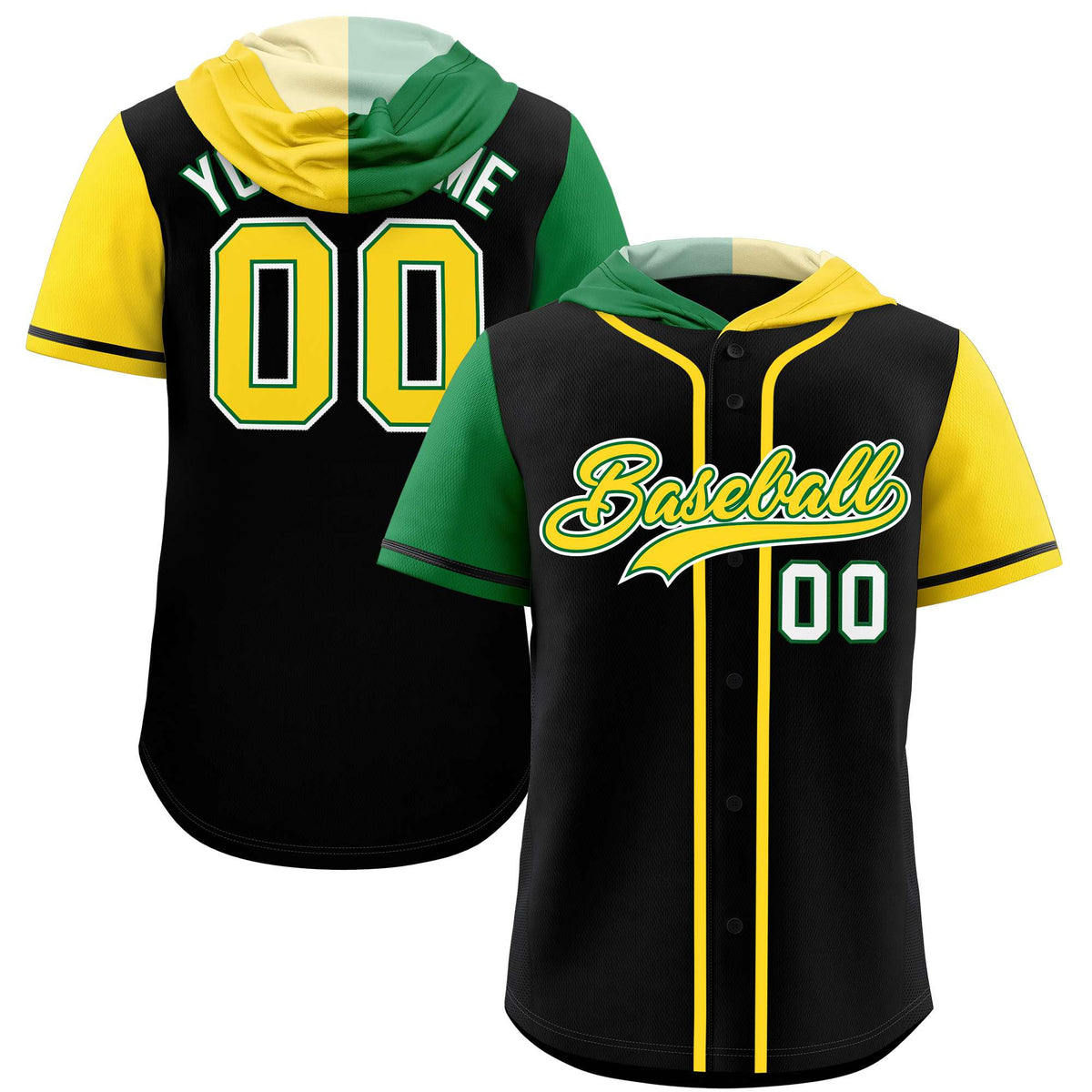 Custom Black Kelly Green and Gold Split Fashion Raglan Sleeves Authentic Baseball Hoodie Jersey