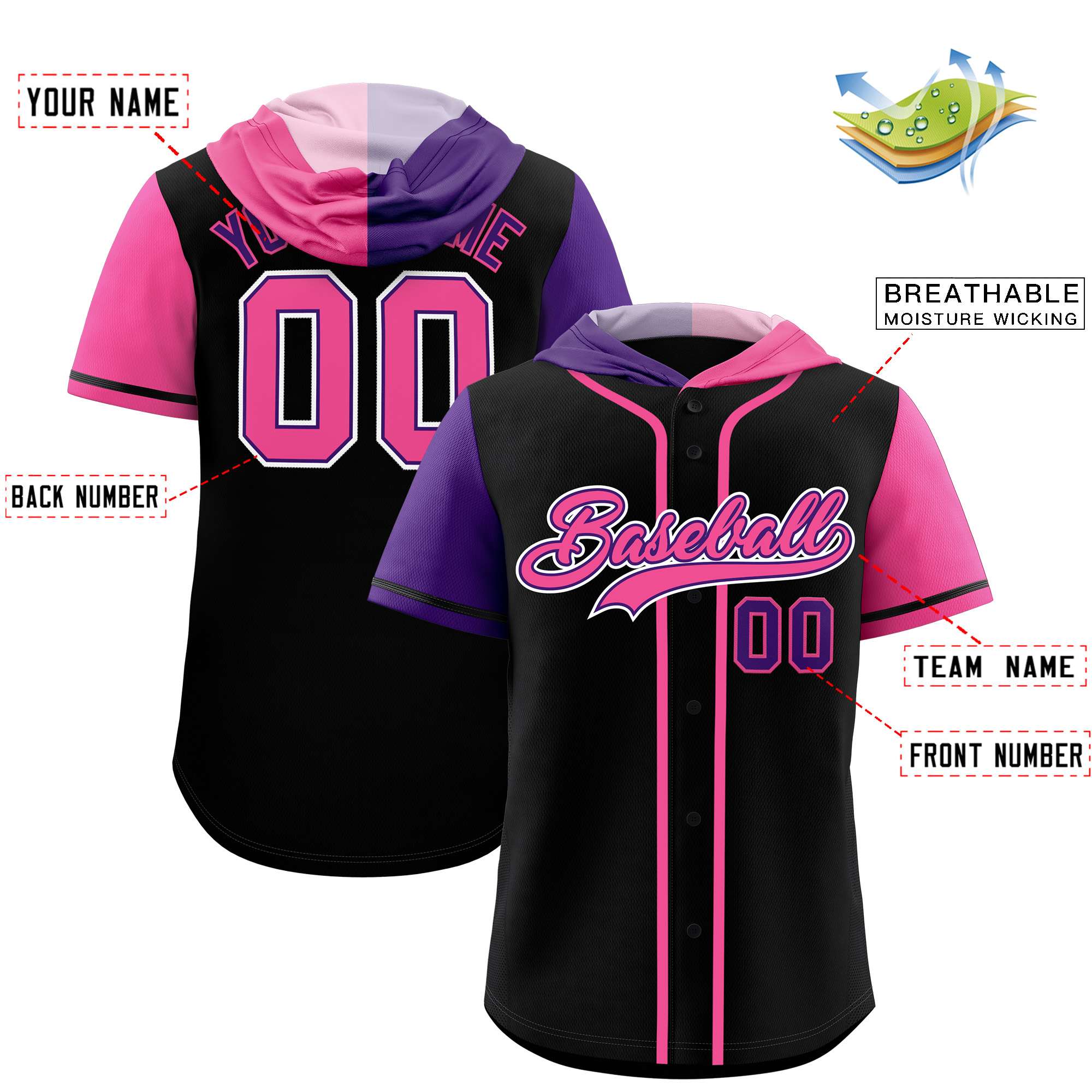 Custom Black Purple and Pink Split Fashion Raglan Sleeves Authentic Baseball Hoodie Jersey