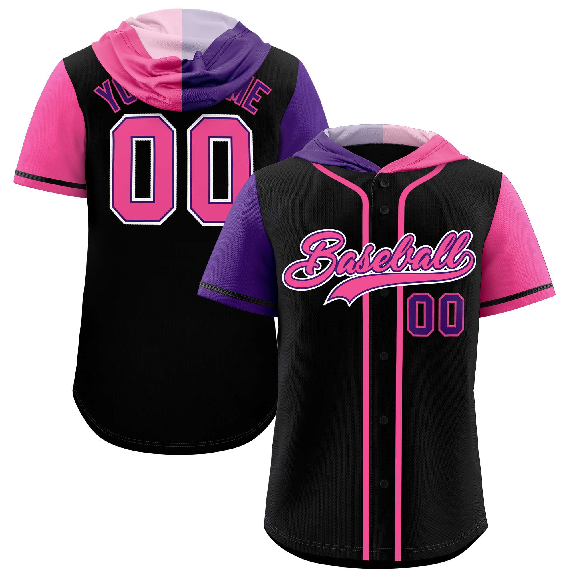 Custom Black Purple and Pink Split Fashion Raglan Sleeves Authentic Baseball Hoodie Jersey