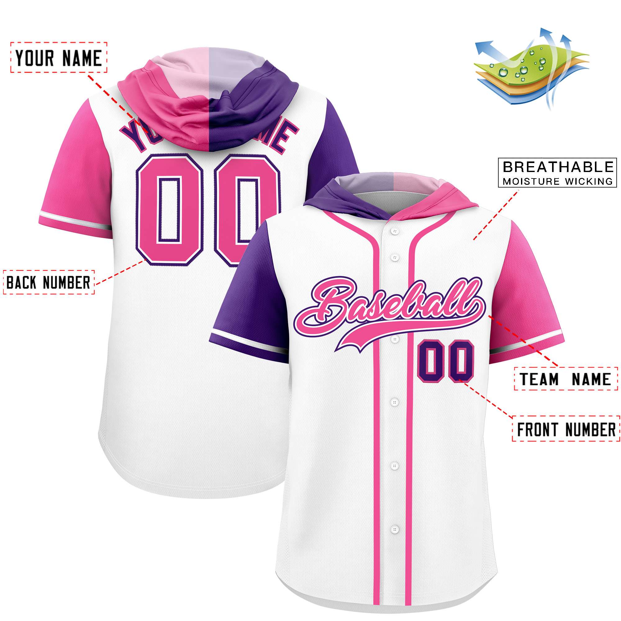 Custom White Purple and Pink Split Fashion Raglan Sleeves Authentic Baseball Hoodie Jersey